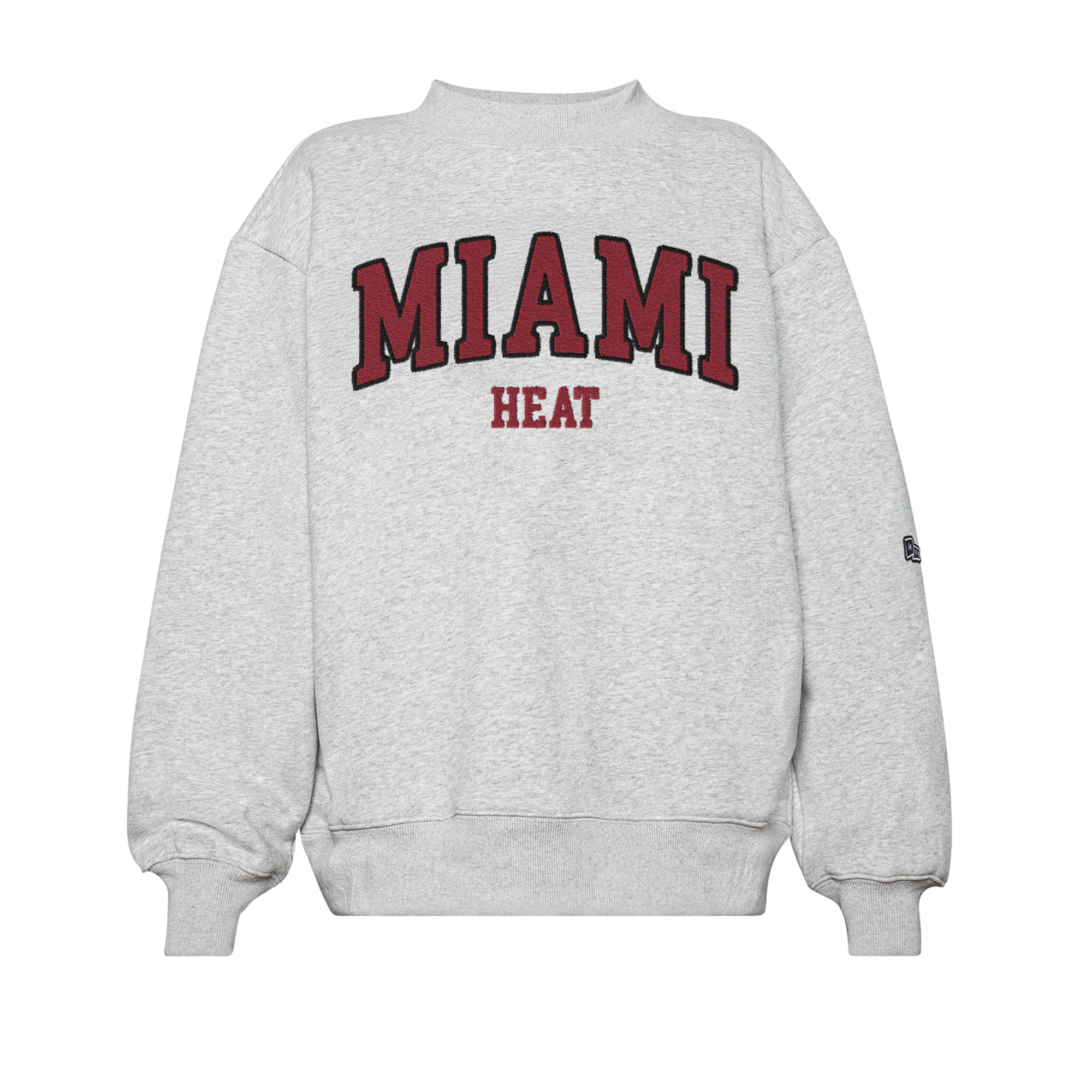 The Court Culture x Hype and Vice Miami HEAT Women's Crewneck is a light gray oversized sweatshirt with MIAMI in large red letters and HEAT in smaller red letters outlined in black, shown on a plain white background.