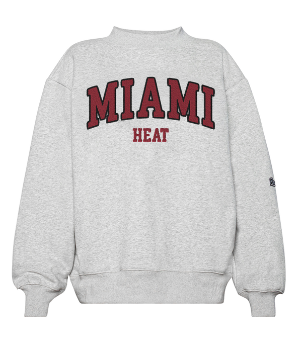 The Court Culture x Hype and Vice Miami HEAT Women's Crewneck is a light gray oversized sweatshirt with MIAMI in large red letters and HEAT in smaller red letters outlined in black, shown on a plain white background.