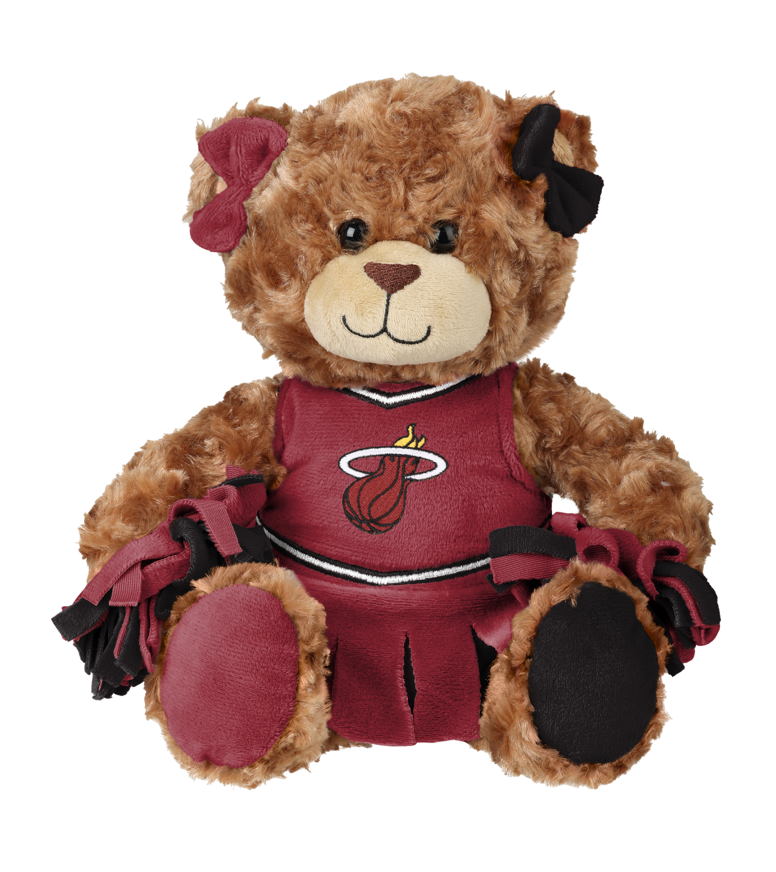 The Miami HEAT Cheerleader Bear Plushie by Forever Collectibles is a 10-inch brown teddy bear in a maroon cheerleader outfit featuring the team logo, matching ear bows, and pom-poms. Made of soft polyester and surface washable, it sits against a white background.