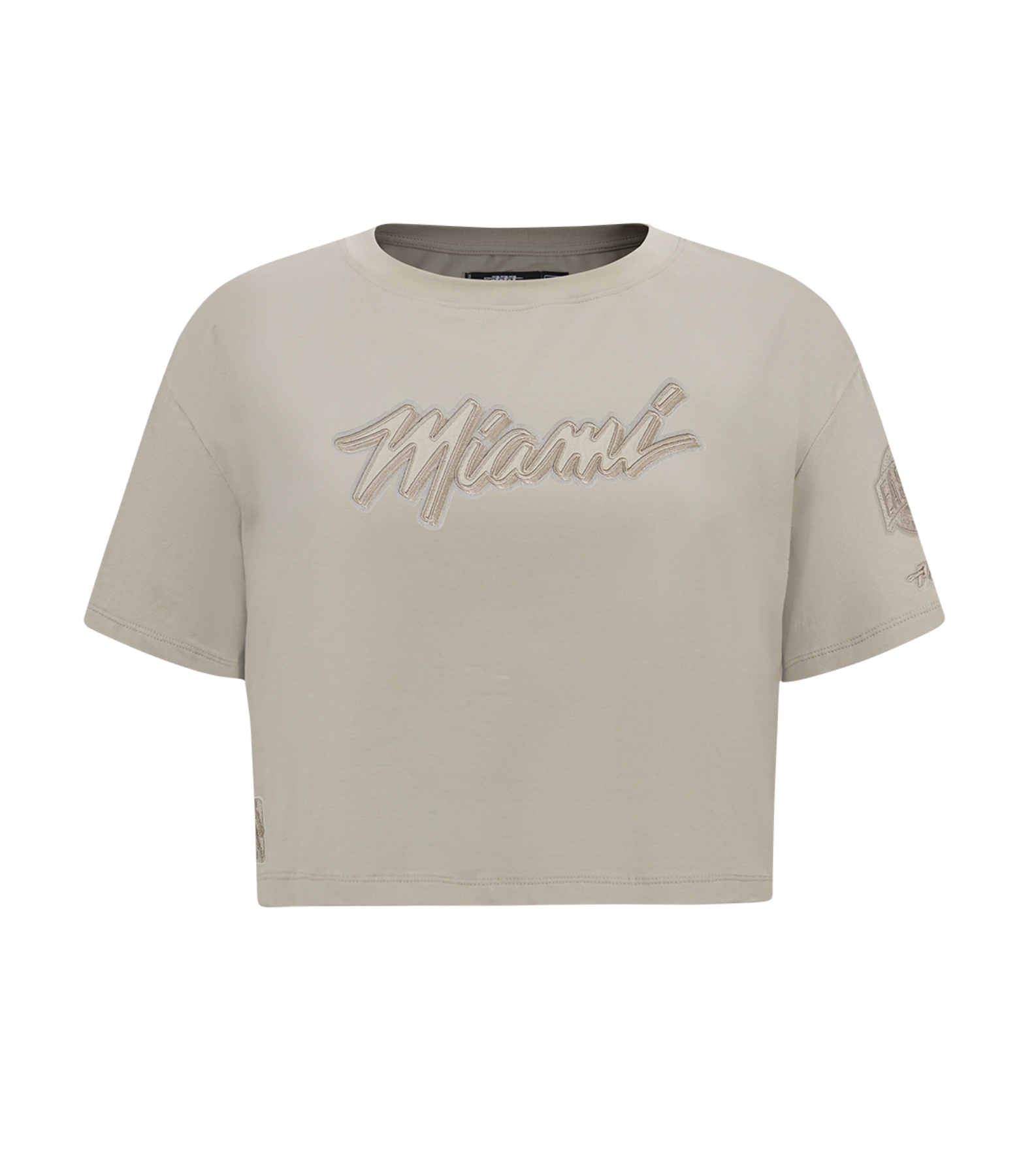The Pro Standard Miami HEAT Original Vice Nights Beige Women's Boxy Tee is a soft cotton spandex cropped t-shirt with short sleeves and 
