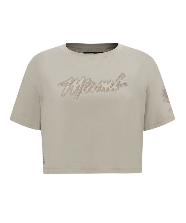 The Pro Standard Miami HEAT Original Vice Nights Beige Women's Boxy Tee is a soft cotton spandex cropped t-shirt with short sleeves and 