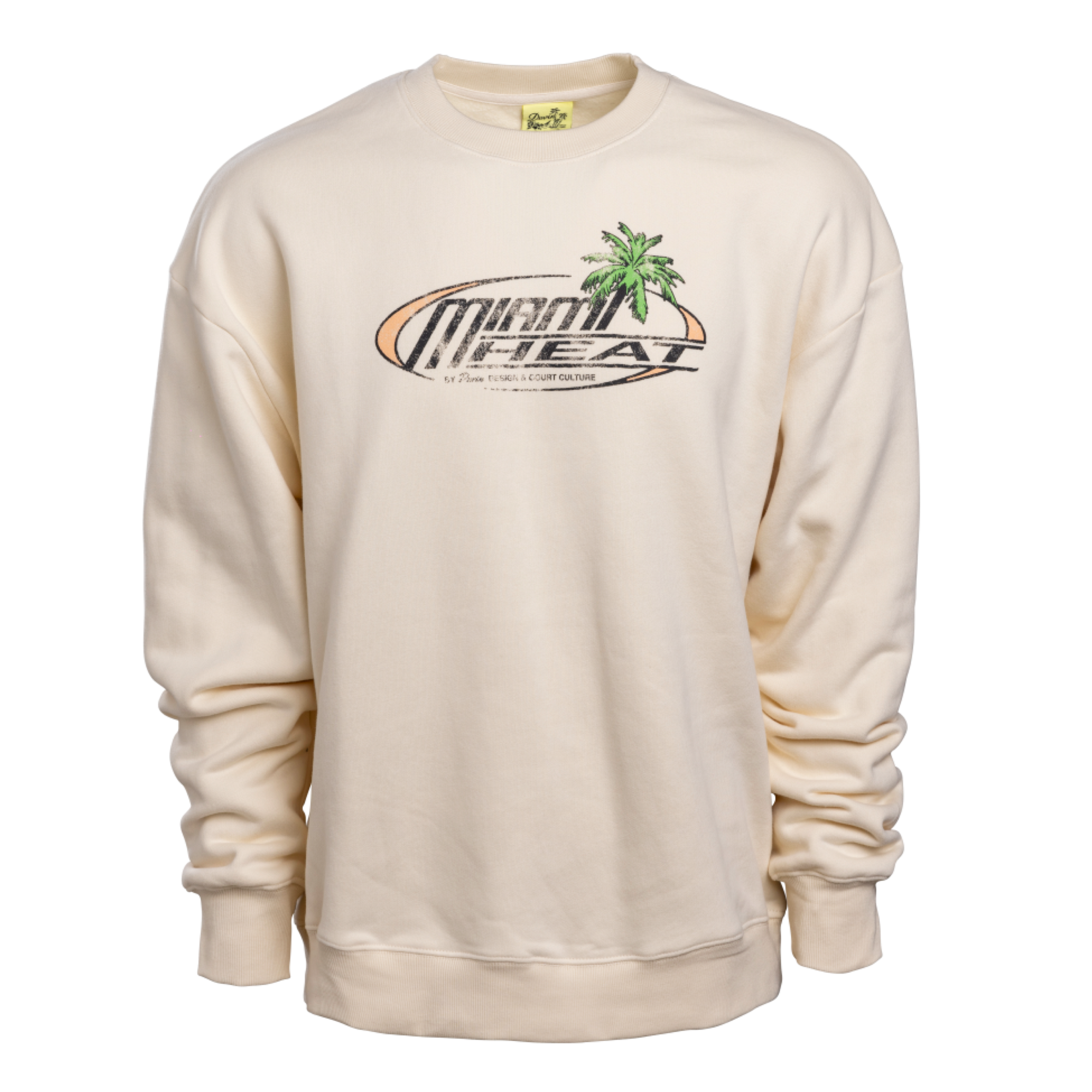 The Court Culture x Duvin Sun Crew Sweater by Court Culture is a cream crewneck featuring a Miami Heat palm tree graphic and stylized text, offering long sleeves and a relaxed fit for true Court Culture style.