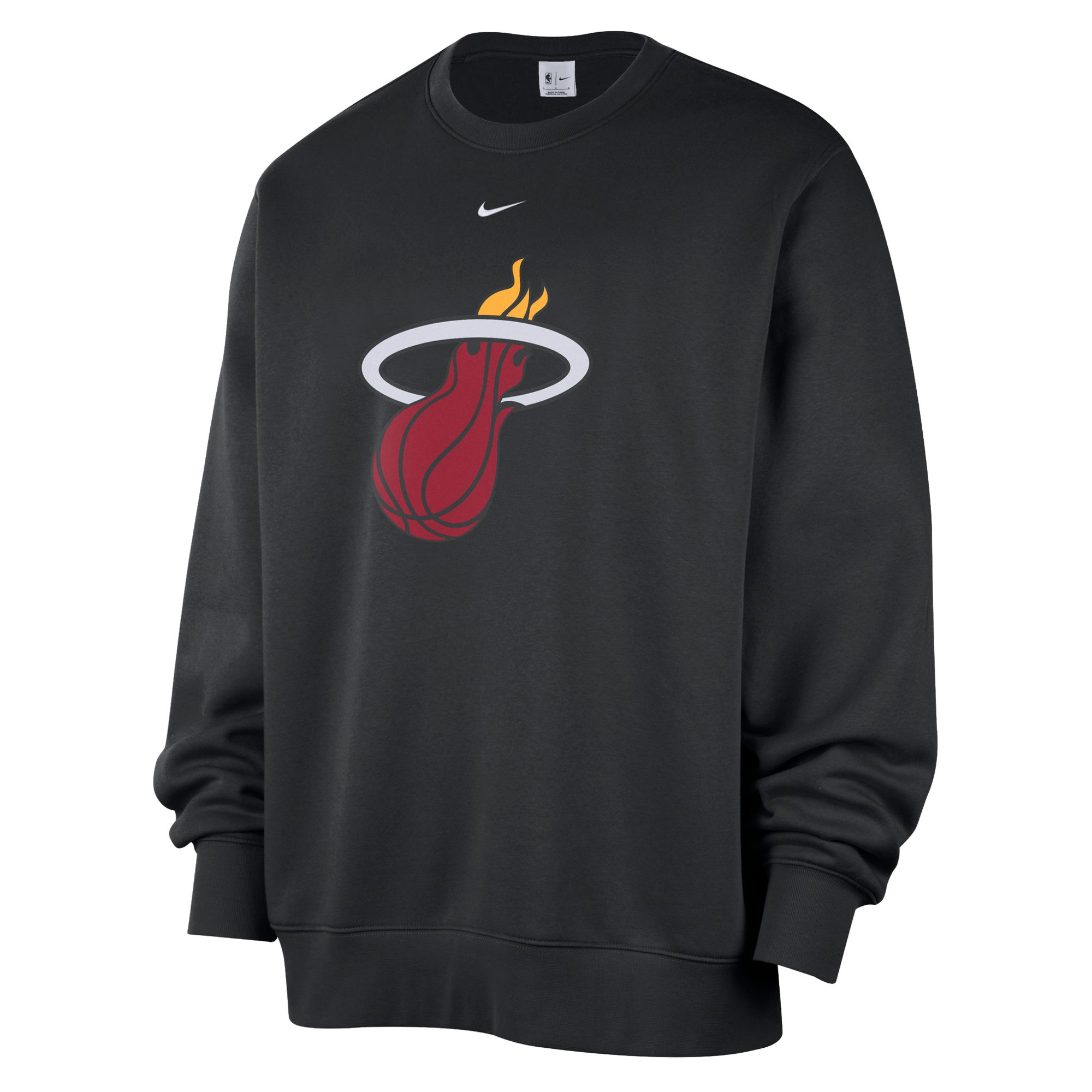 Experience everyday comfort with the Nike Miami HEAT Logo Fleece Crewneck. This black sweatshirt showcases the Miami Heat basketball team logo prominently on the chest, topped with a small white Nike Swoosh. Made from a soft cotton-polyester blend in a standard fit, it’s ideal for daily wear—just wash with like colors to keep it looking fresh.