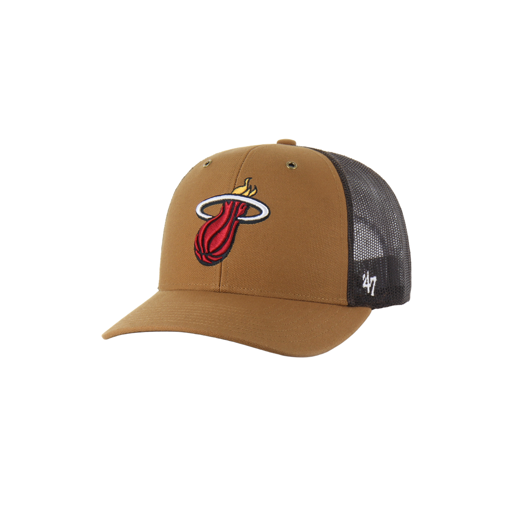 The '47 Brand Carhartt Miami HEAT Trucker Snapback features a brown and black mesh design, cotton front, polyester back, Miami Heat logo on the front, and a small white '47 logo on the brim. One size fits most.