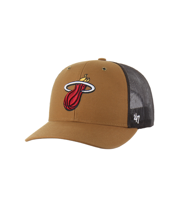 The '47 Brand Carhartt Miami HEAT Trucker Snapback features a brown and black mesh design, cotton front, polyester back, Miami Heat logo on the front, and a small white '47 logo on the brim. One size fits most.