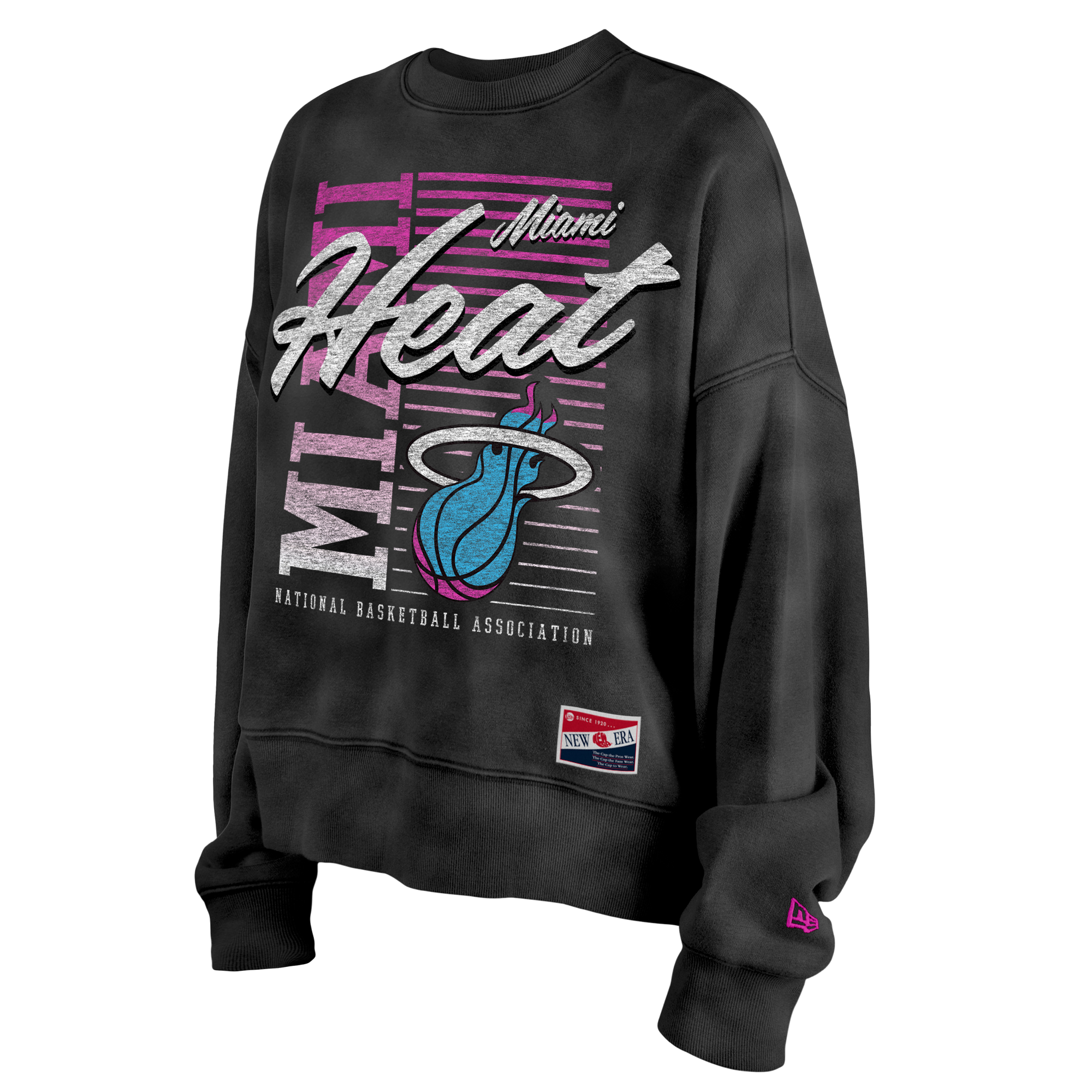 The New Era Miami HEAT Original Vice Nights Washed Women's Crewneck is a black sweatshirt with a retro Heat logo, bold text, pink, white, and blue accents. Made from a soft cotton-poly blend in a relaxed fit, with a small pink New Era logo on the left sleeve.