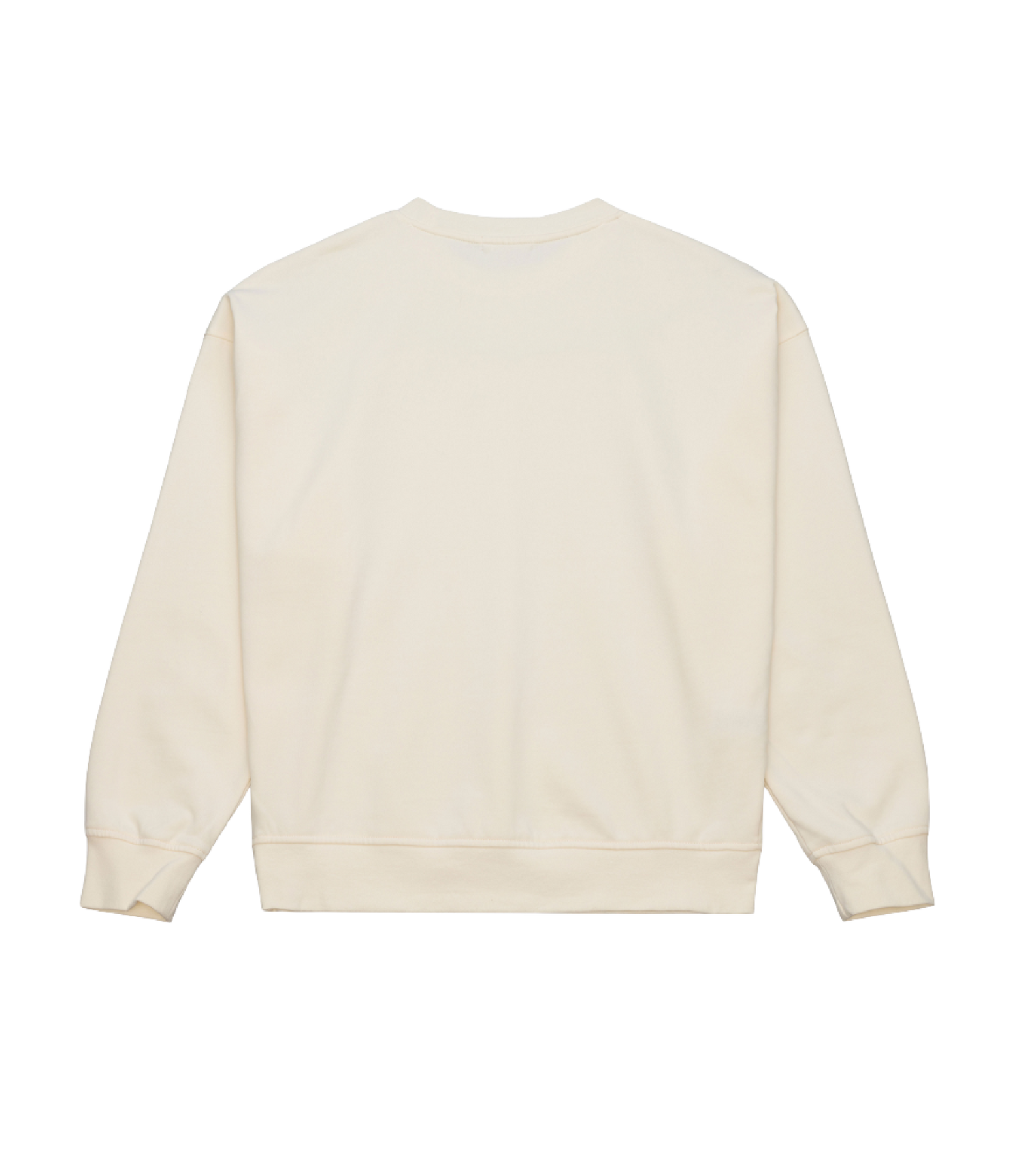 The Mitchell & Ness Miami HEAT 2006 Championship Crewneck, a standard-fit, cream long-sleeve sweatshirt made from a cotton-polyester blend, is laid flat with the back facing up against a white background.