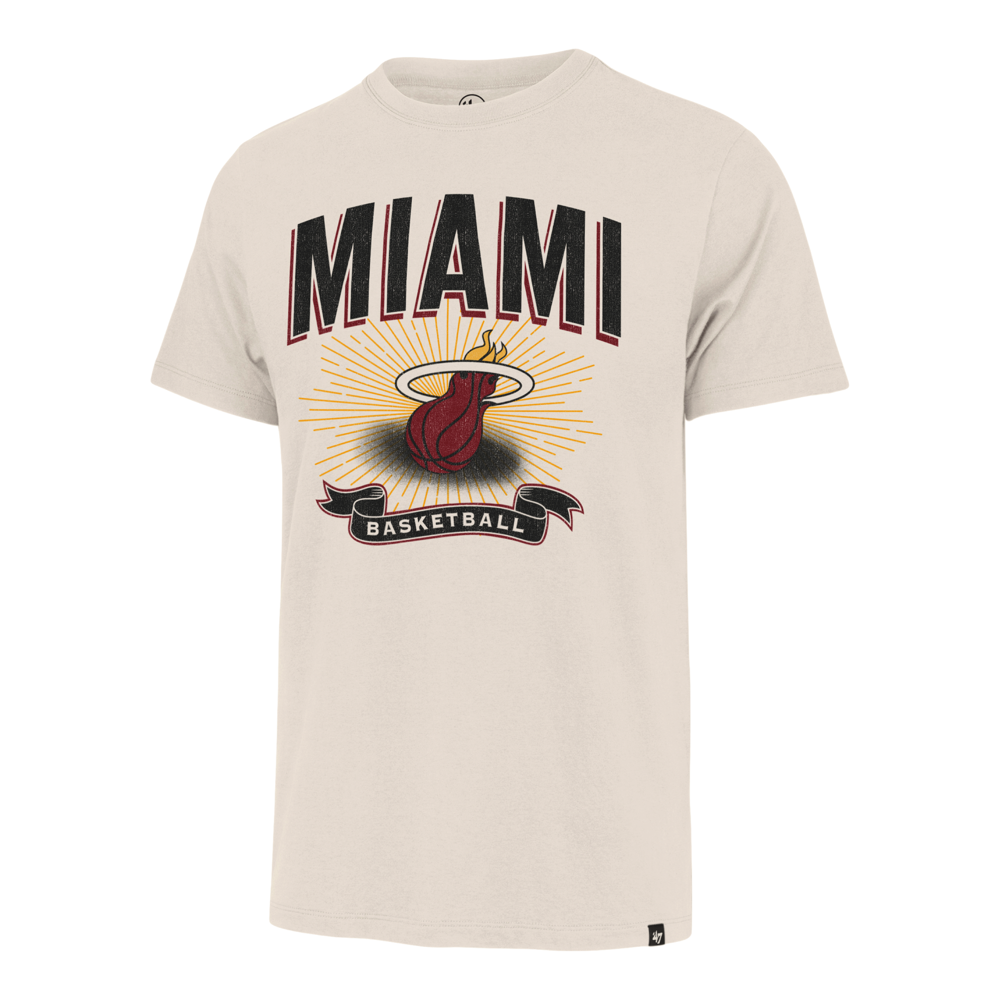 White short-sleeve tee with Miami HEAT logo and basketball graphic in black and red. - '47 Brand Miami HEAT Play Basketball Tee