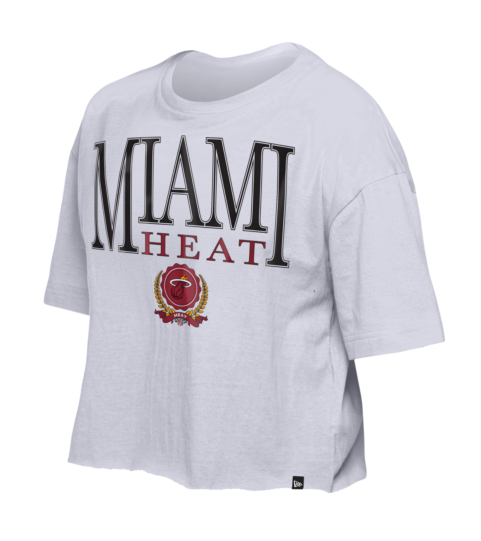 White boxy cropped tee with oversized Miami HEAT logo and red flame emblem on front. - New Era Miami HEAT Women's Boxy Cropped Tee