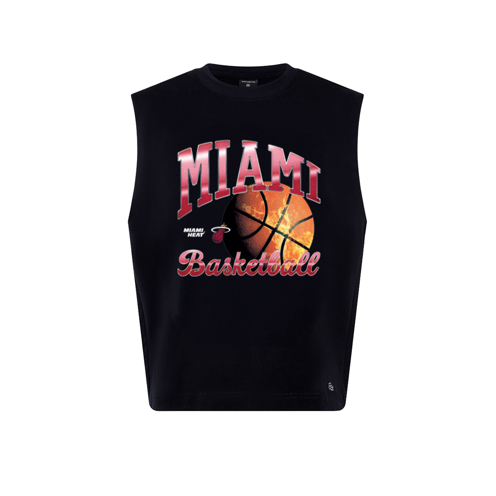Introducing the Court Culture x Hype & Vice Tank by Court Culture—a sleeveless black premium tank featuring bold pink “MIAMI Basketball” lettering and a basketball graphic alongside the Miami Heat logo on the front. Designed with an athletic fit, this tank is perfect for fans looking to express their Miami HEAT pride in style.