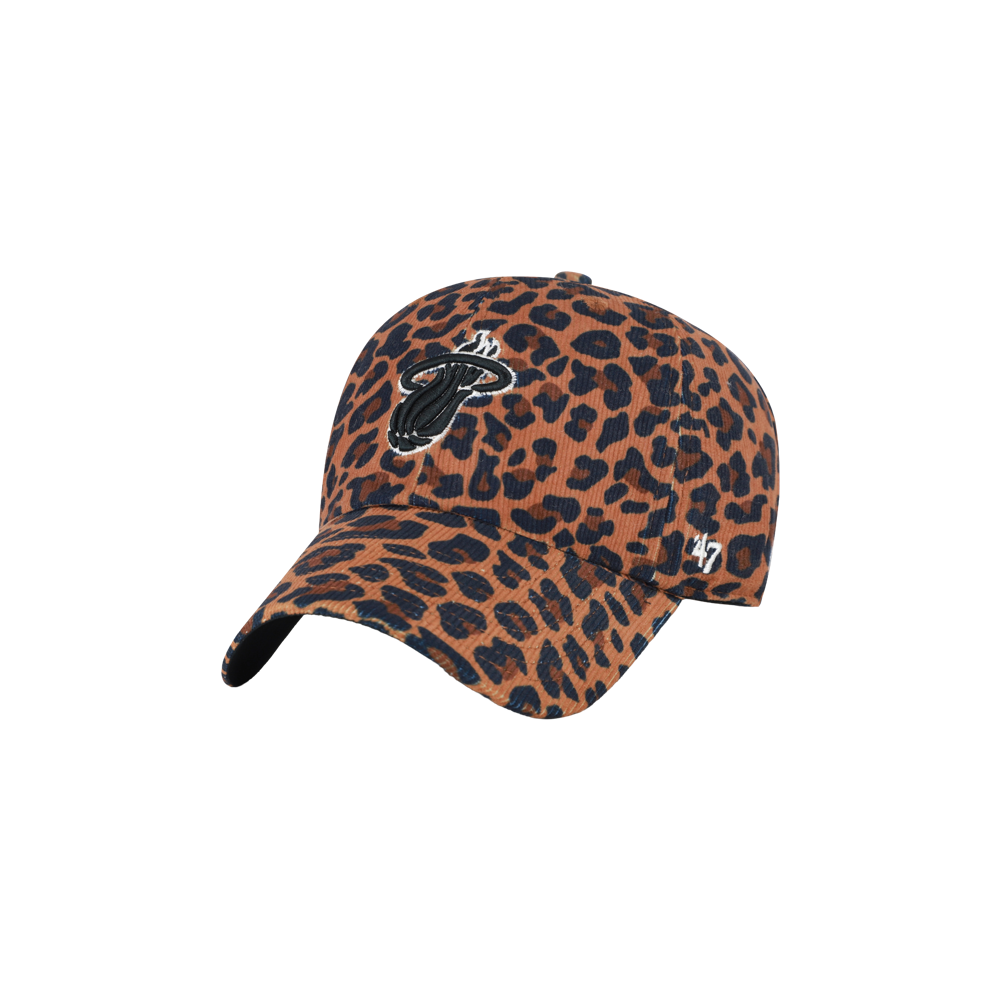 Certainly! Here’s the rewritten sentence using the provided product data: The ’47 Brand Miami HEAT Leopard Corduroy Women’s Cleanup Hat features a bold brown leopard print with the Miami Heat logo on the front and a small ’47 logo on the side. Made from durable polyester, this cap offers a comfortable, one size fits most design and is easy to maintain with spot cleaning.