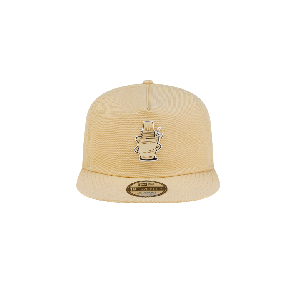 Light yellow polyester Court Culture x New Era Colada snapback hat featuring an embroidered graphic of stacked plastic cups on the front panel.