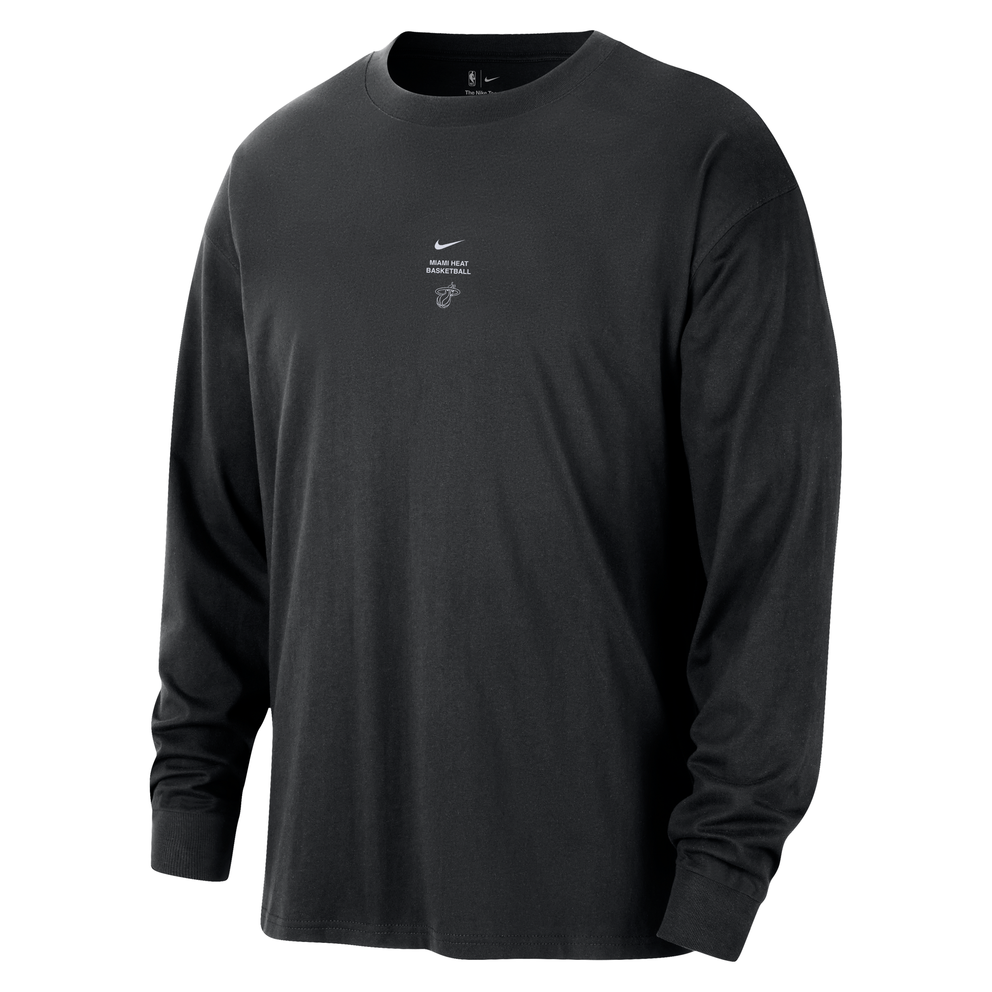 A Nike Miami HEAT Game Long Sleeve Tee in black, made from polyester with sweat-wicking technology, features a small white Nike logo and text on the chest, shown against a plain white background.