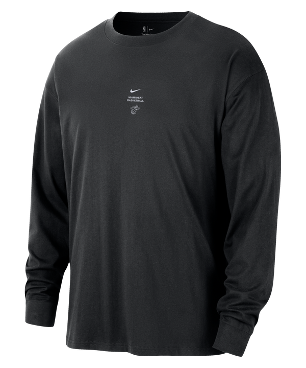 A Nike Miami HEAT Game Long Sleeve Tee in black, made from polyester with sweat-wicking technology, features a small white Nike logo and text on the chest, shown against a plain white background.