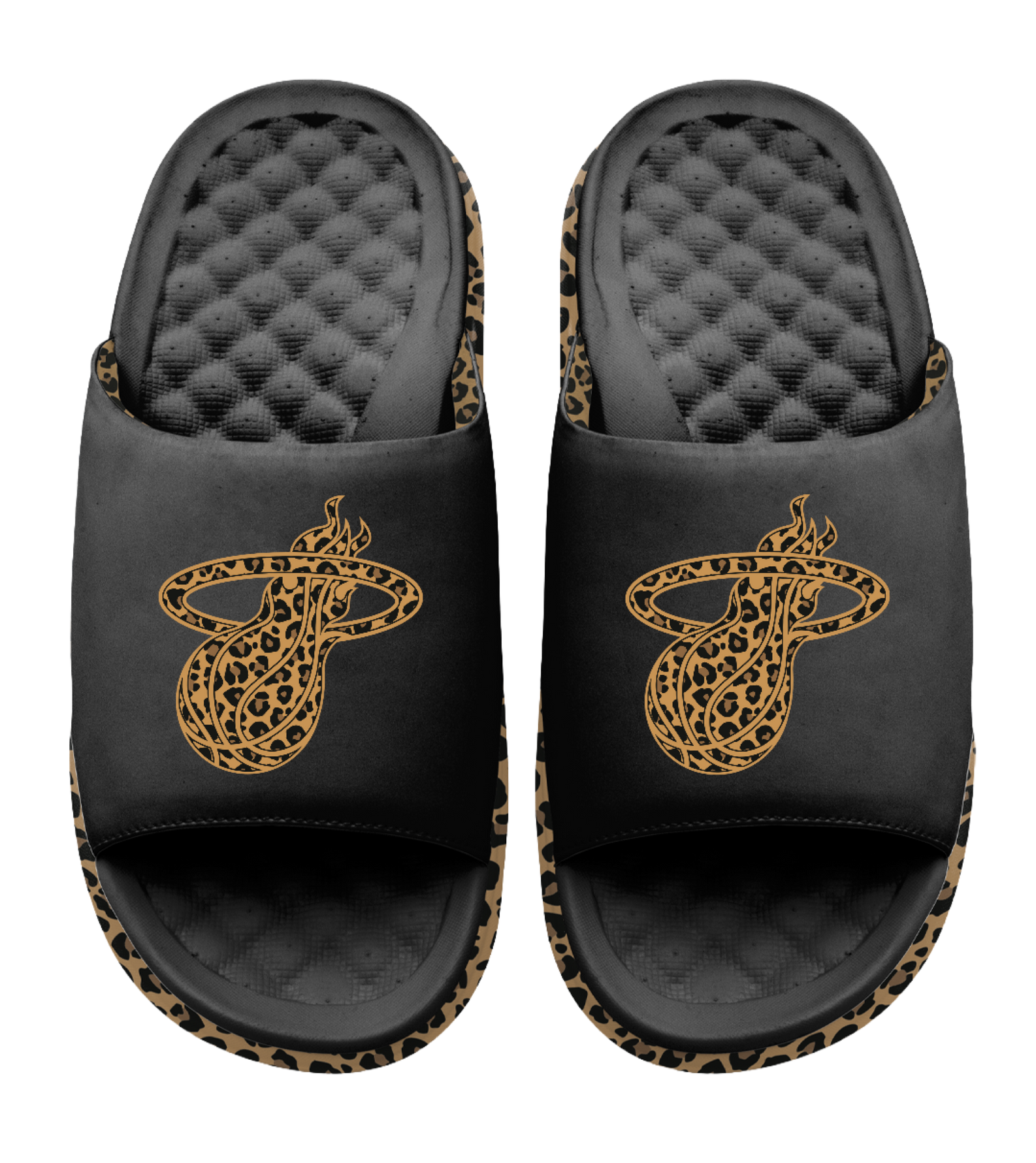 The ISlide Miami HEAT Cheetah Dip Sandals feature black straps with gold snake accents, a subtle cheetah print edge, and a textured, quilted massaging footbed for all-day comfort.