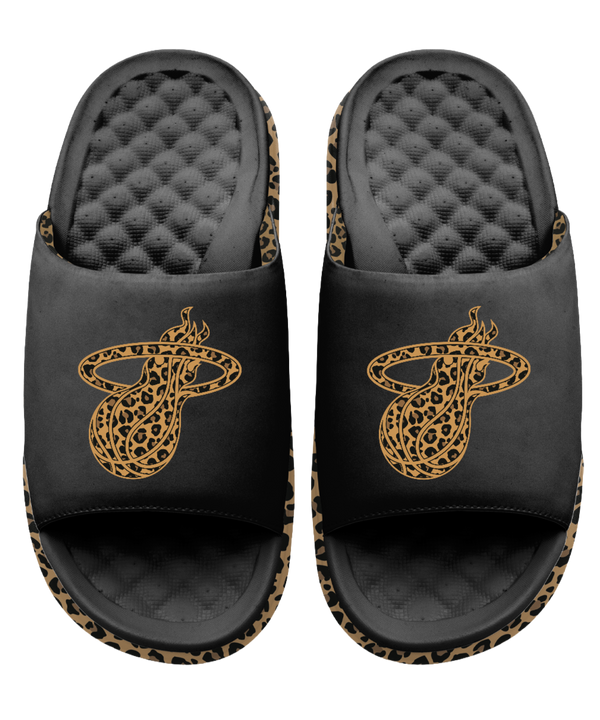 The ISlide Miami HEAT Cheetah Dip Sandals feature black straps with gold snake accents, a subtle cheetah print edge, and a textured, quilted massaging footbed for all-day comfort.