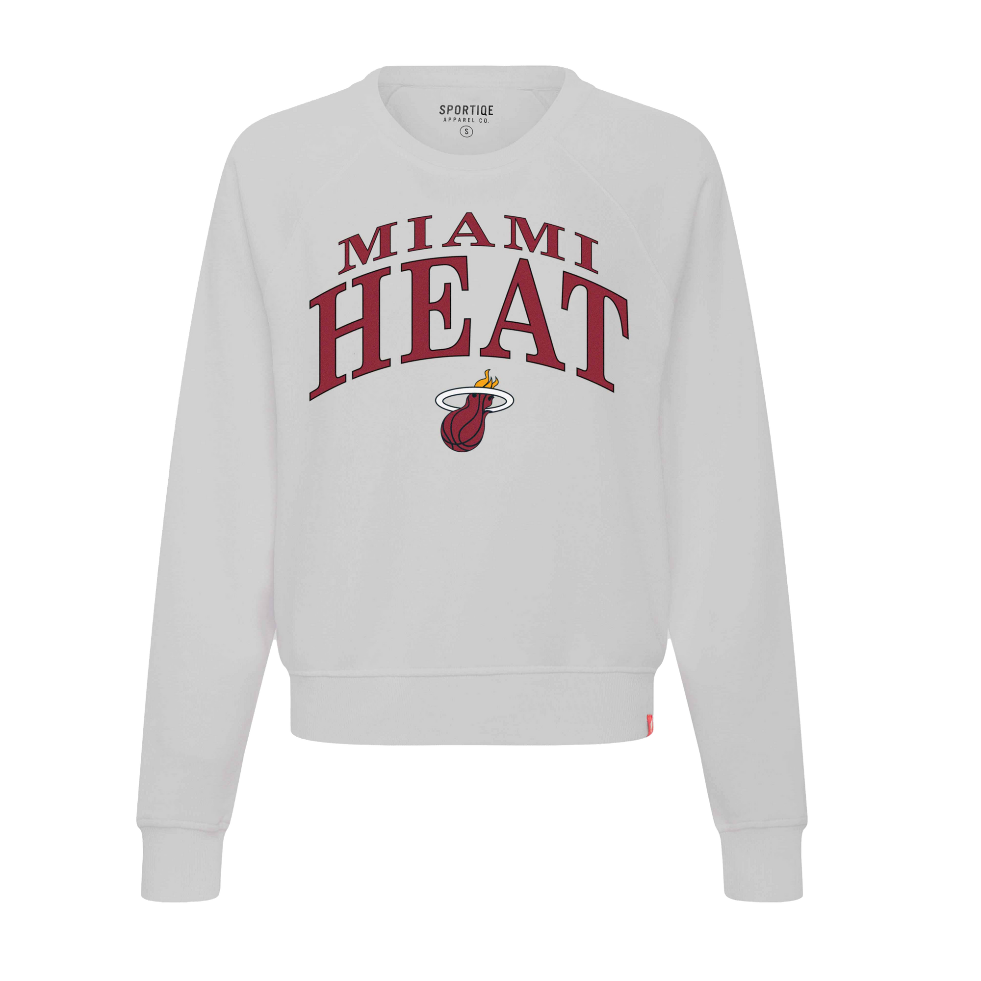 The Sportiqe Miami HEAT Wordmark Women's Crewneck is a white, relaxed fit sweatshirt with bold maroon MIAMI HEAT lettering and logo on the chest. Made from soft cotton by Sportiqe, it's easy to care for—just machine wash cold.