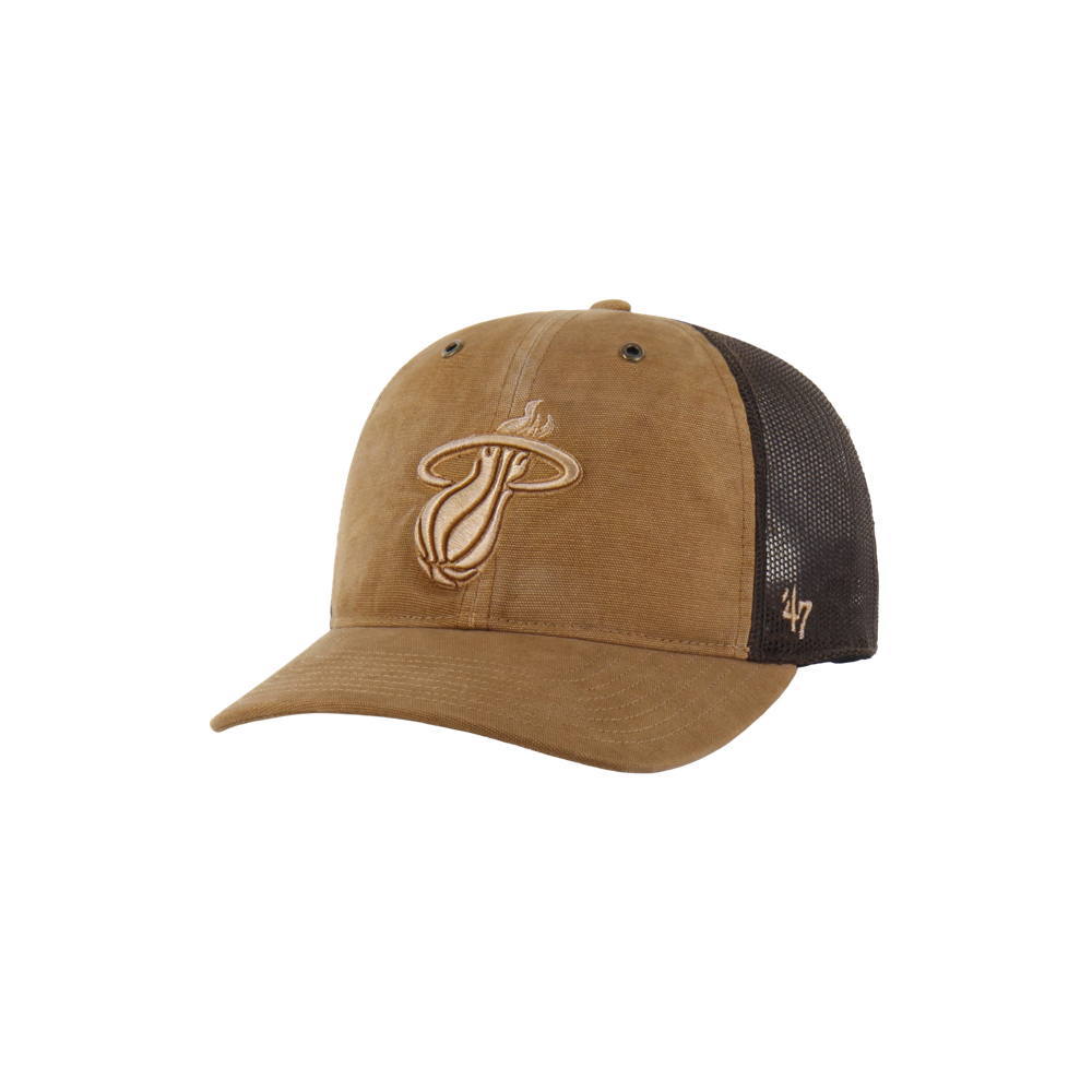 The '47 Brand Carhartt Miami HEAT Snapback features a brown and black cotton design with mesh back, embroidered team logo, curved brim, side '47 logo, adjustable fit, and is spot clean only.