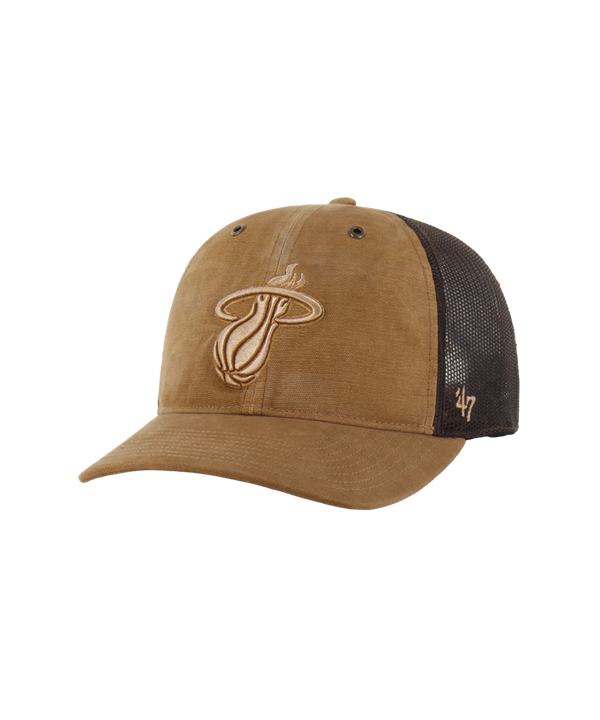 The '47 Brand Carhartt Miami HEAT Snapback features a brown and black cotton design with mesh back, embroidered team logo, curved brim, side '47 logo, adjustable fit, and is spot clean only.