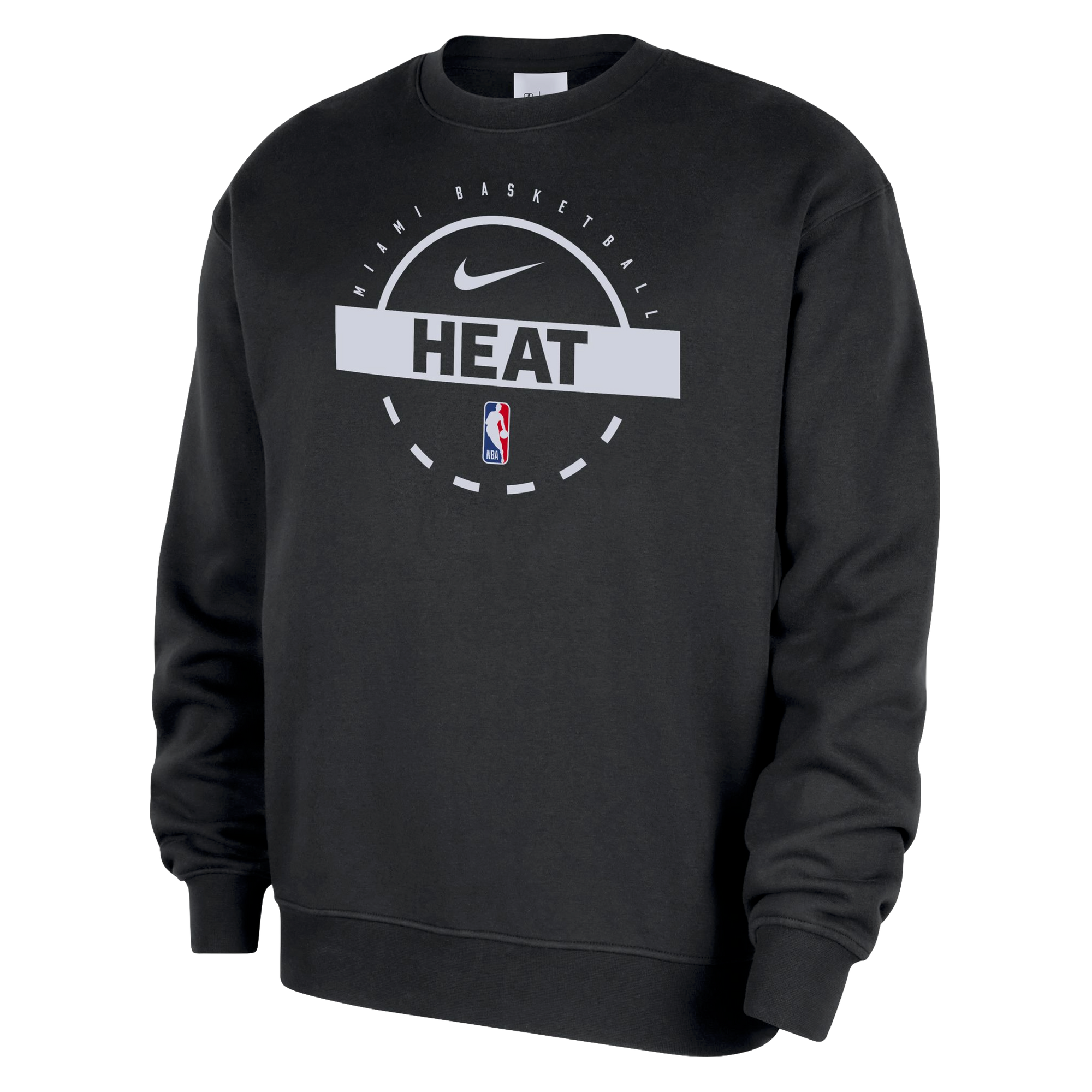 The Nike Miami HEAT 2025-26 On-Court Practice Crewneck features a classic black fit with the team logo, Nike swoosh, “MIAMI BASKETBALL,” “HEAT,” and NBA logo on the front plus cozy fleece lining for comfort and warmth.