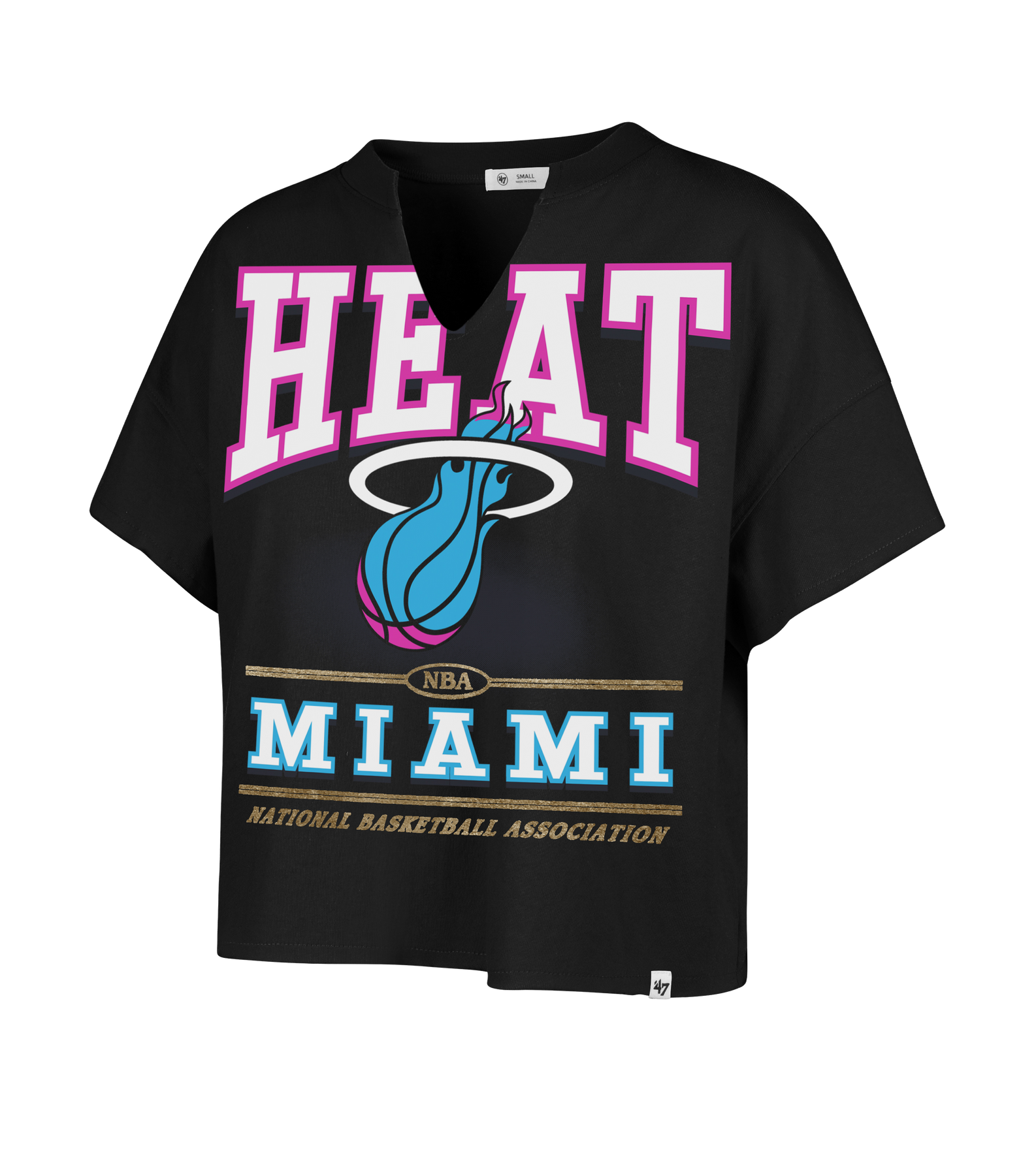 The '47 Brand Miami HEAT Original Vice Nights Oversized Women's Cropped Tee is a black, cropped cotton T-shirt featuring bold pink and white “HEAT” text, the Miami Heat logo, and vibrant blue, white, and gold “MIAMI” graphics.