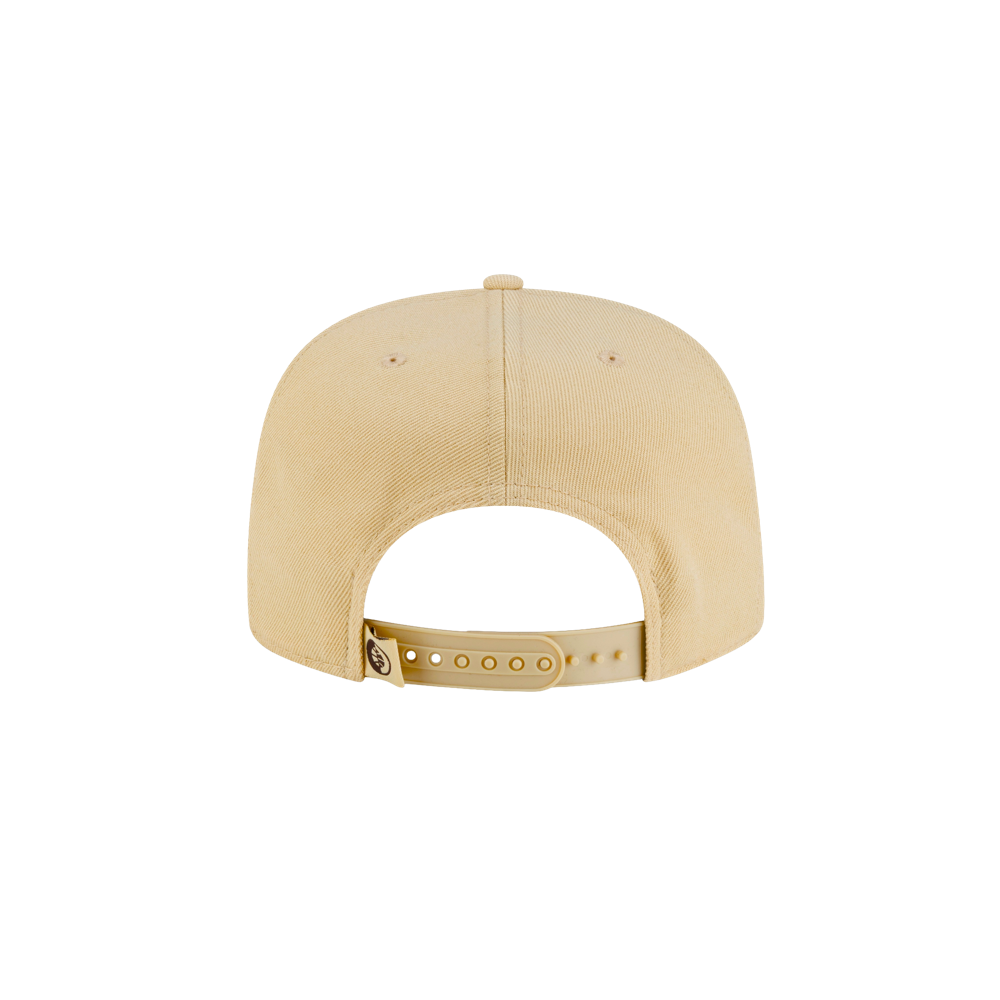 Back view of a beige polyester Court Culture x New Era Colada Snapback, displaying the adjustable plastic strap for a one size fits most design.