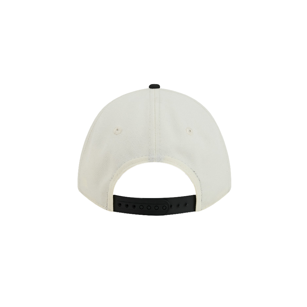 A New Era Miami HEAT 2-Tone Tonal Women’s Snapback in white polyester is shown from the back, featuring a black adjustable snapback strap and a small black button on top, set against a plain white background; this New Era hat has an adjustable fit so one size fits most.