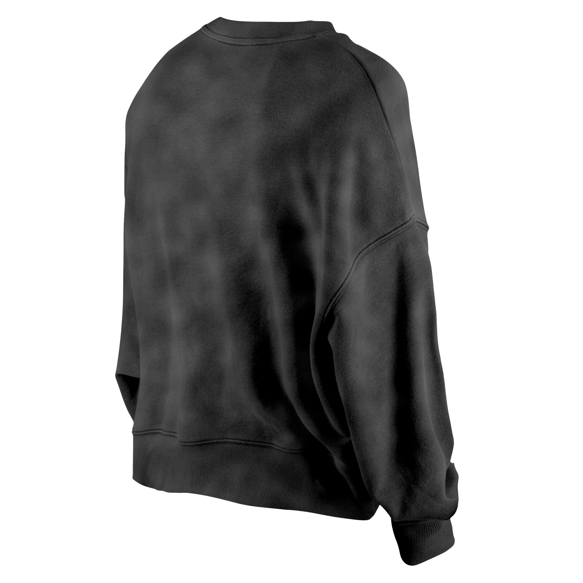 The New Era Miami HEAT Original Vice Nights Washed Women's Crewneck, by New Era, is a black oversized sweatshirt with a relaxed fit, long sleeves, and ribbed cuffs and hem. Shown from the back on a white background, it’s crafted from soft cotton polyester.