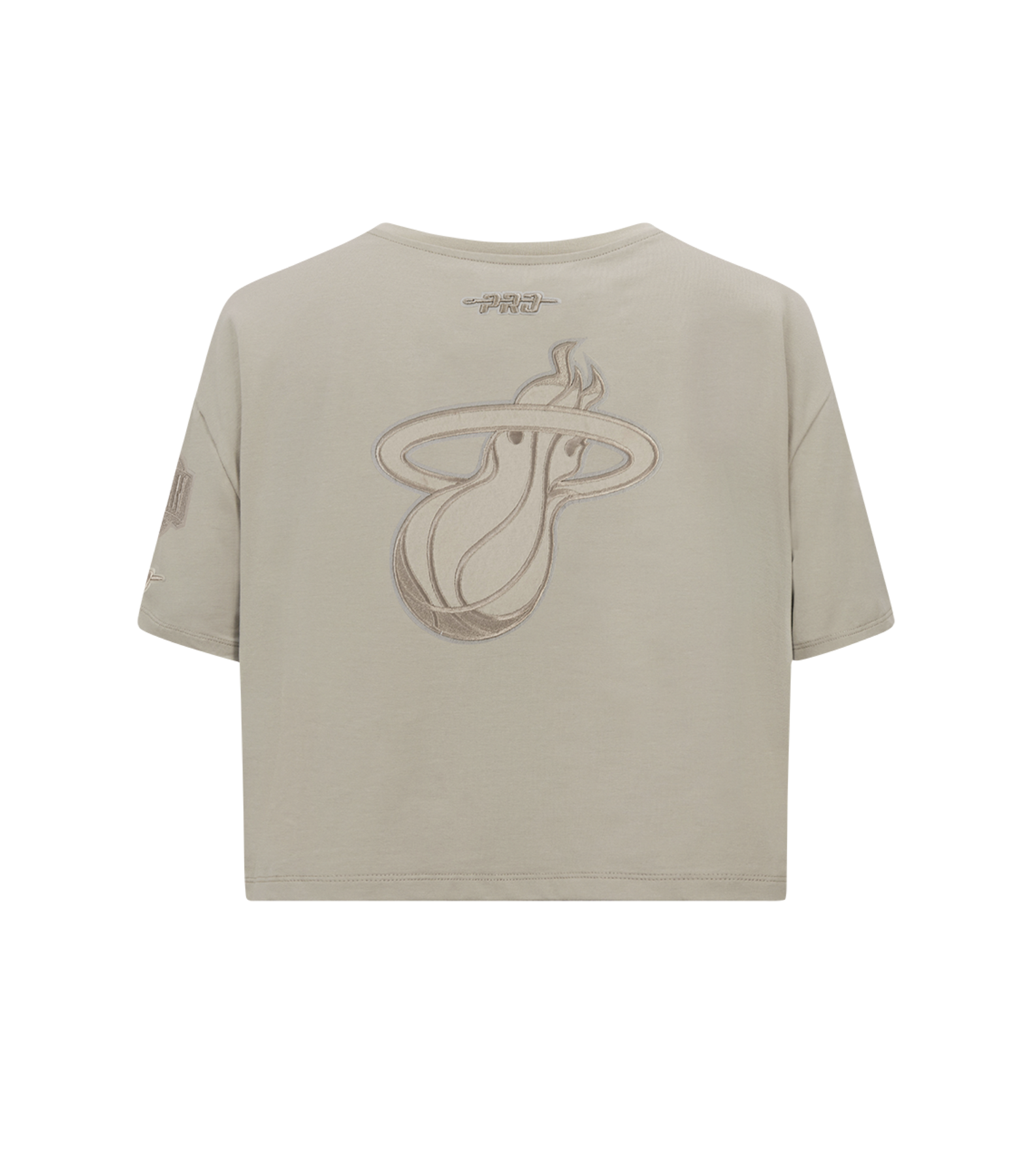 Back view of the Pro Standard Miami HEAT Original Vice Nights Beige Women's Boxy Tee, featuring a beige embroidered Heat logo with flaming hoop and text. Made from cotton spandex for comfort, this boxy tee has short sleeves and a relaxed fit. Wash with like colors.