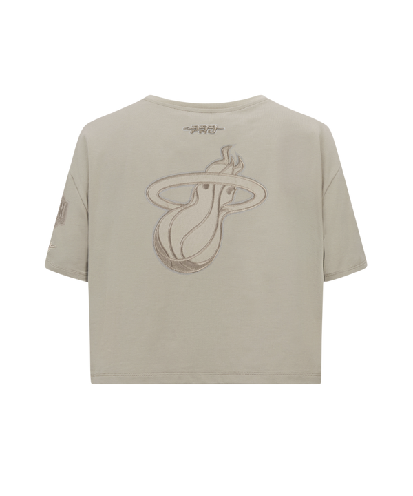 The Pro Standard Miami HEAT Original Vice Nights Beige Women's Boxy Tee is a soft cotton spandex cropped t-shirt with short sleeves and 