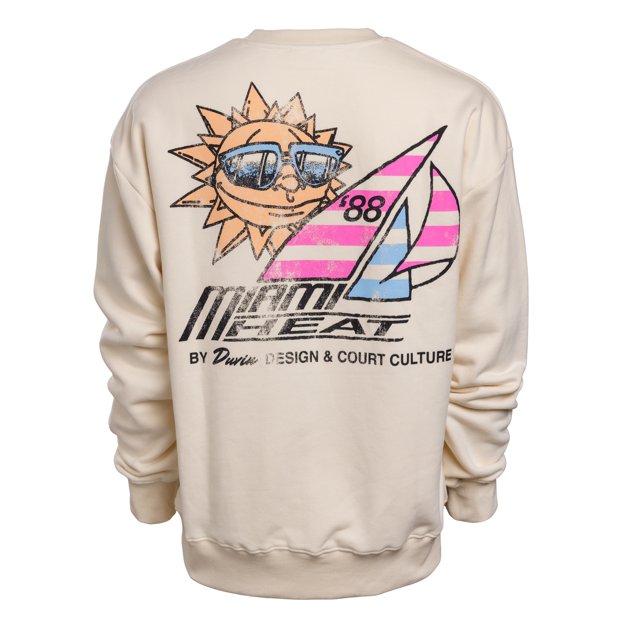 The Court Culture x Duvin Sun Crew Sweater by Court Culture features a retro sun graphic, striped sailboat, and 