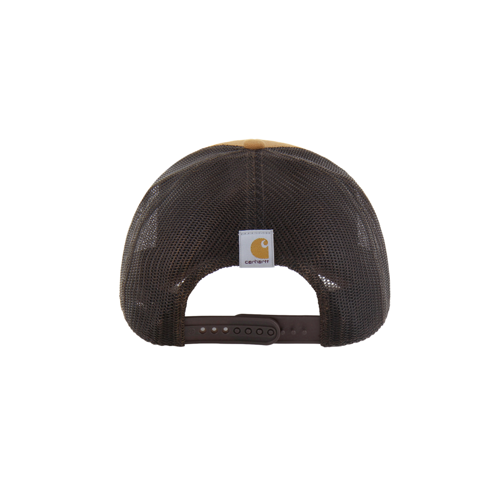The '47 Brand Carhartt Miami HEAT Trucker Snapback hat features a brown mesh back with a plastic adjustable strap, a Carhartt logo tag above the strap, and a comfortable polyester back panel. One size fits most.