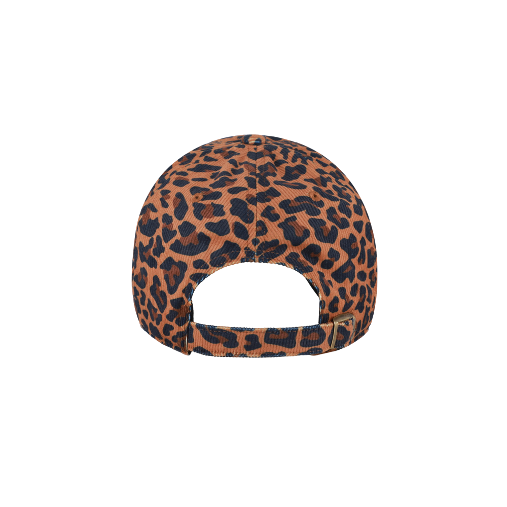 A back view of the ’47 Brand Miami HEAT Leopard Corduroy Women’s Cleanup Hat, showcasing its brown and black leopard print pattern. Made from durable polyester, this ’47 Brand cap features an adjustable strap with a metal clasp for a customized fit. Designed as one size fits most, it’s easy to spot clean—perfect for everyday wear.