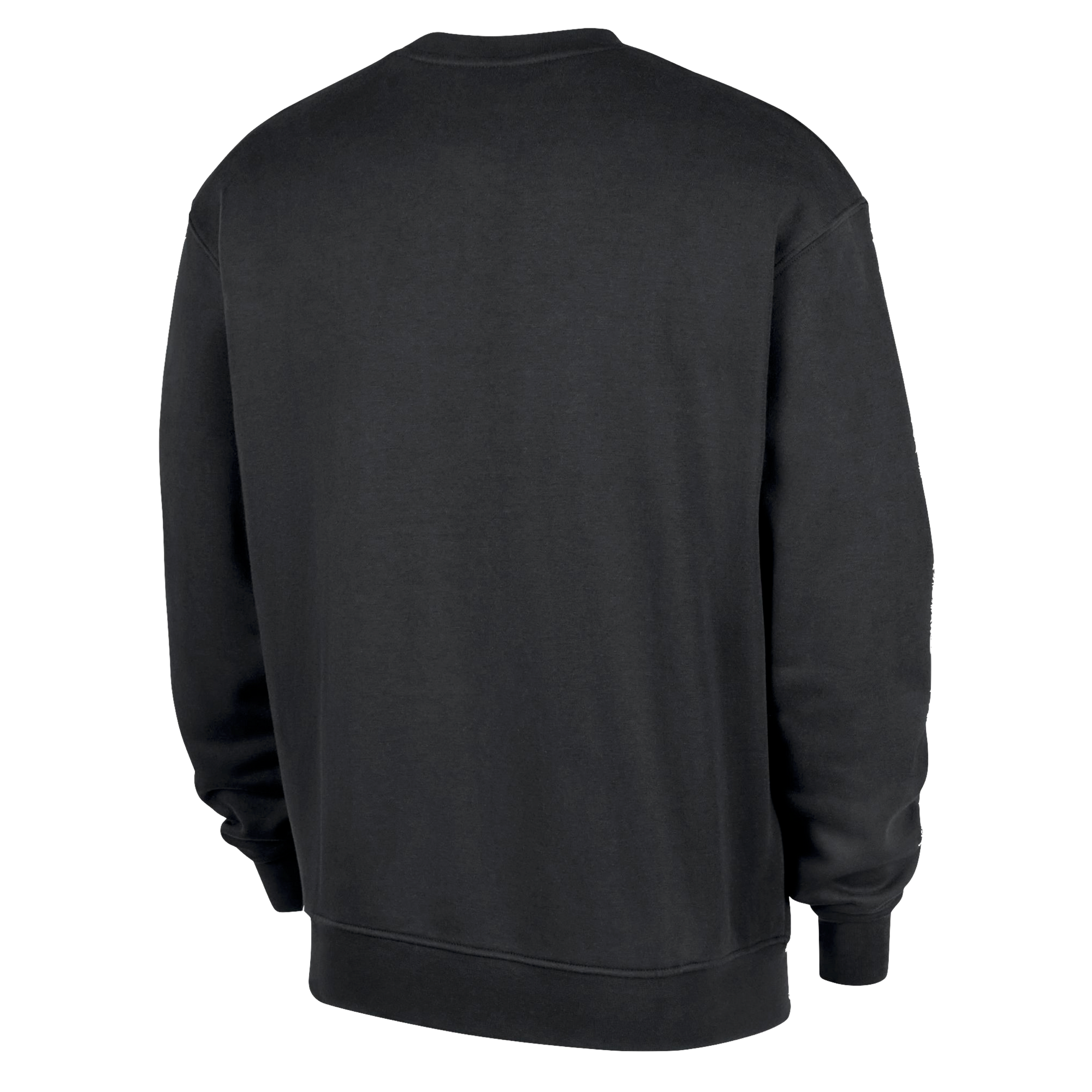 The Nike Miami HEAT 2025-26 On-Court Practice Crewneck by Nike features a plain black design, classic fit, long sleeves, and ribbed cuffs and hem, shown from the back against a white background.
