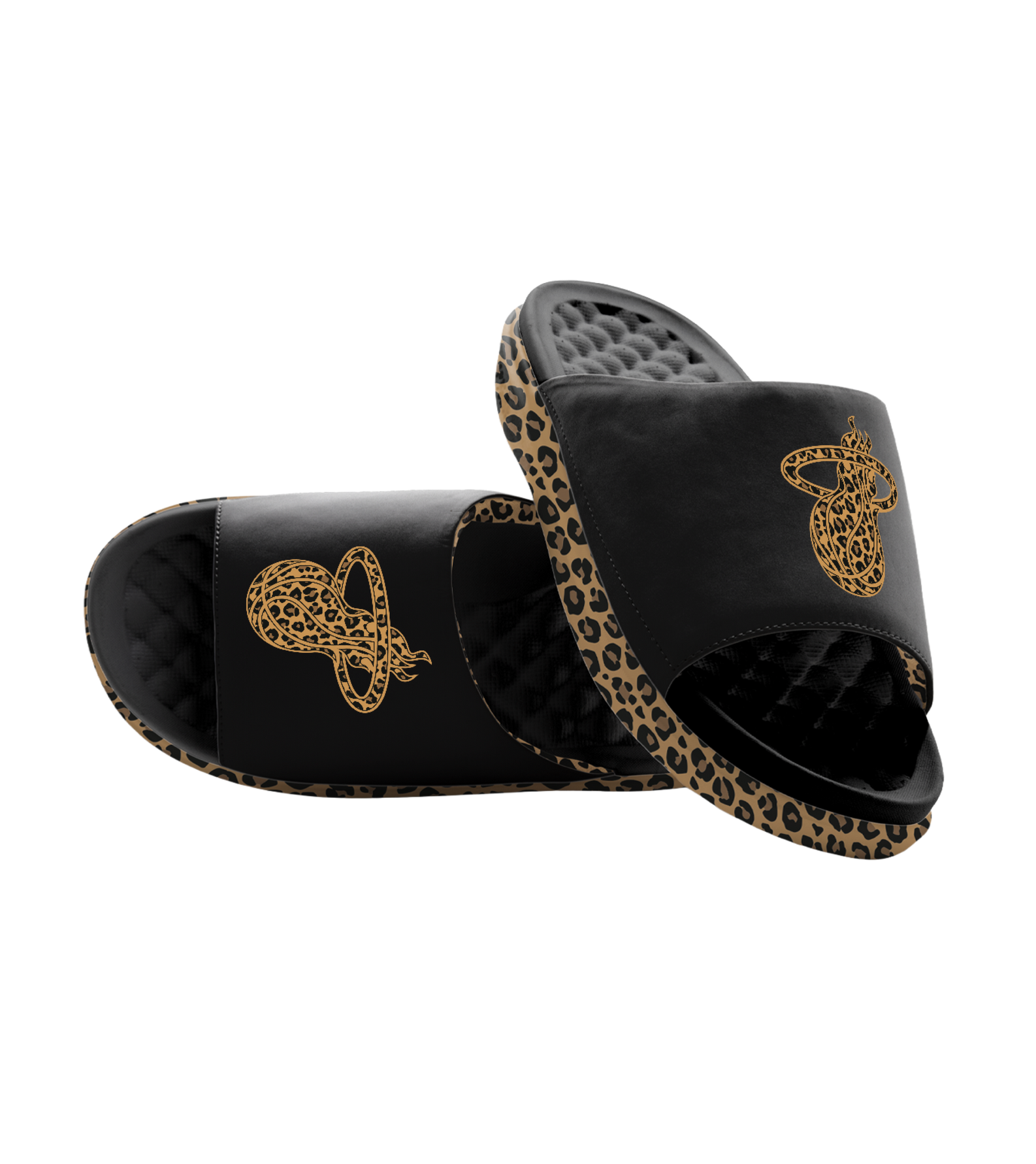 The ISlide Miami HEAT Cheetah Dip Sandals by ISlide feature black quilted soles, leopard print edging, gold snake and mushroom designs on the straps, and a massaging footbed for added comfort.