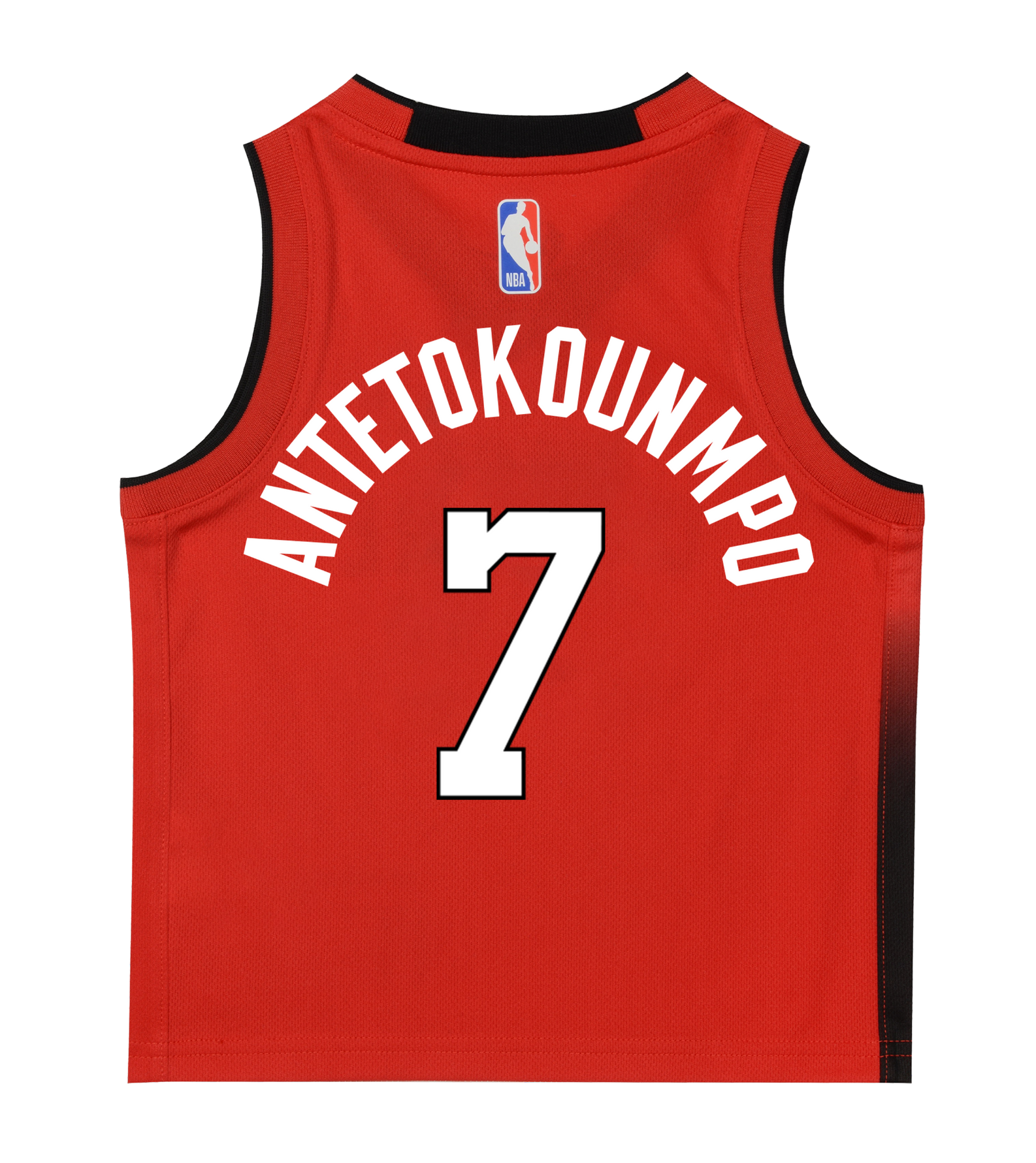 Certainly! Here’s the rewritten sentence using your provided product data: The Giannis Antetokounmpo Nike HEAT Culture: Blood Red Toddler Replica Jersey by Nike features a bold blood red design with black trim, showcasing “ANTETOKOUNMPO” in white lettering above a prominent number 7. Inspired by the iconic HEAT Culture uniform, the NBA logo is displayed at the top center on the back.