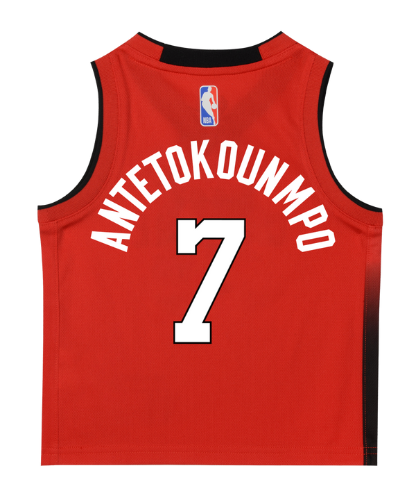 The Giannis Antetokounmpo Nike HEAT Culture: Blood Red Kids Replica Jersey by Nike features bold black trim, the number 7 in white, HEAT CULTURE text, official Nike and NBA logos, and a special patch reading THE MAIN THING IS THE MAIN THING—an iconic representation of the HEAT Culture uniform inspired by Pat Riley’s leadership.