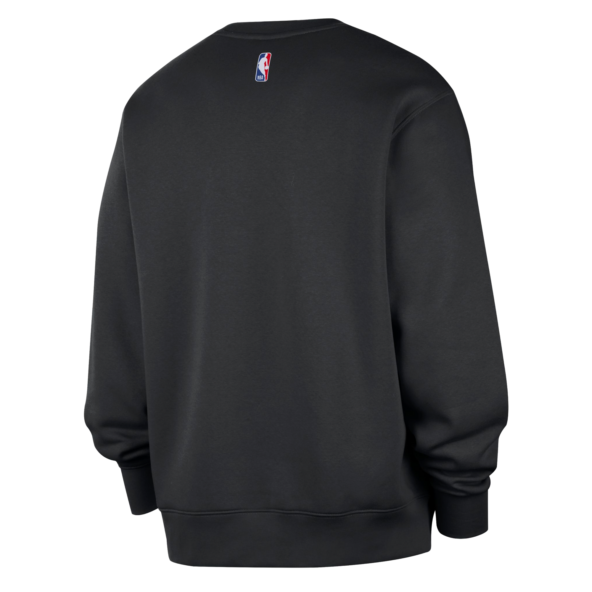 The Nike Miami HEAT Logo Fleece Crewneck by Nike is a black crewneck sweatshirt shown from the back, featuring a small NBA logo at the top center near the neckline. Made from a soft cotton-polyester blend in a standard fit, this sweatshirt is easy to care for—simply wash with like colors.