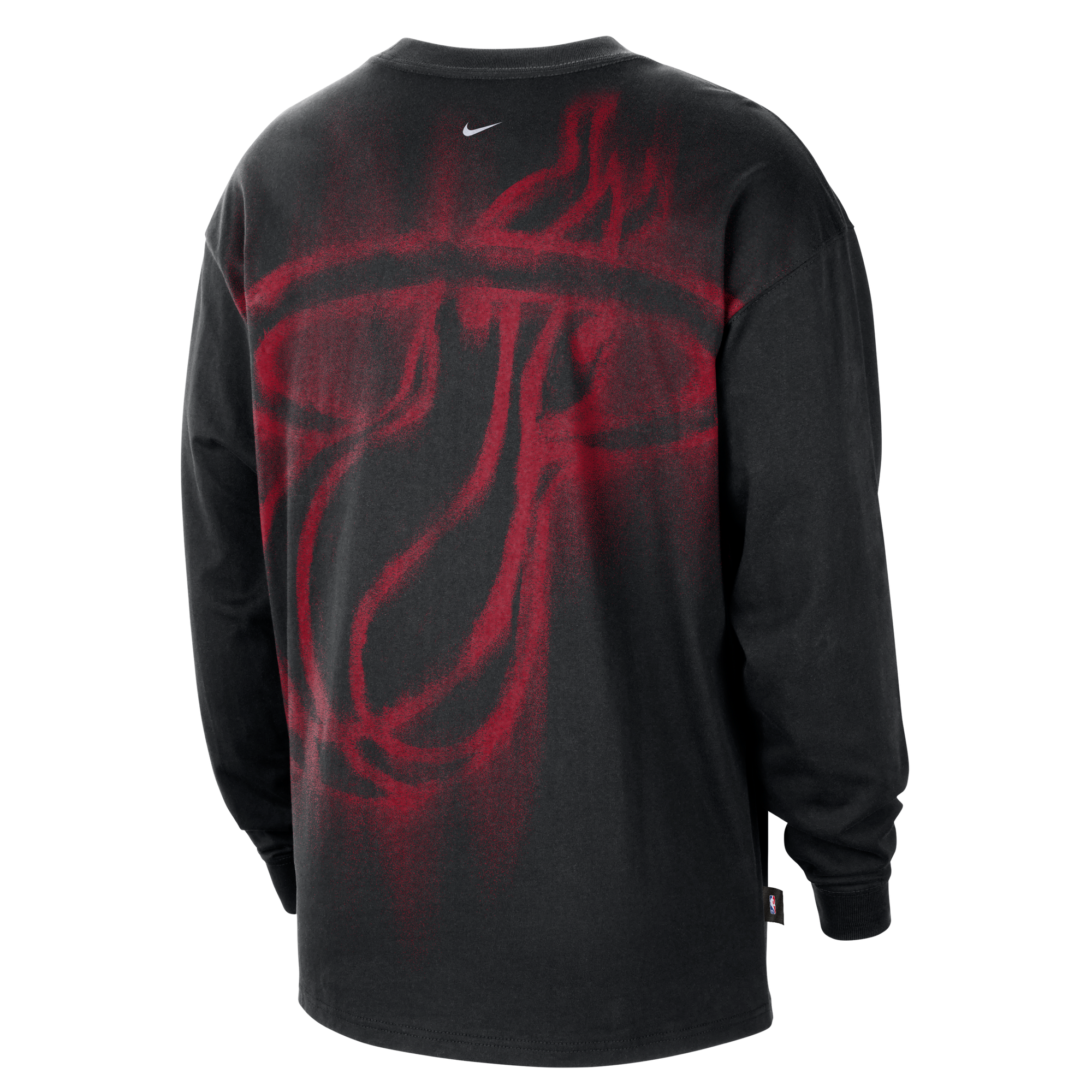 The Nike Miami HEAT Game Long Sleeve Tee features a bold, oversized red spray-painted Miami Heat basketball logo on the back and a small white Nike swoosh near the collar. This black long-sleeve shirt is crafted from lightweight polyester with sweat-wicking technology from Nike to help keep you cool and comfortable all day.