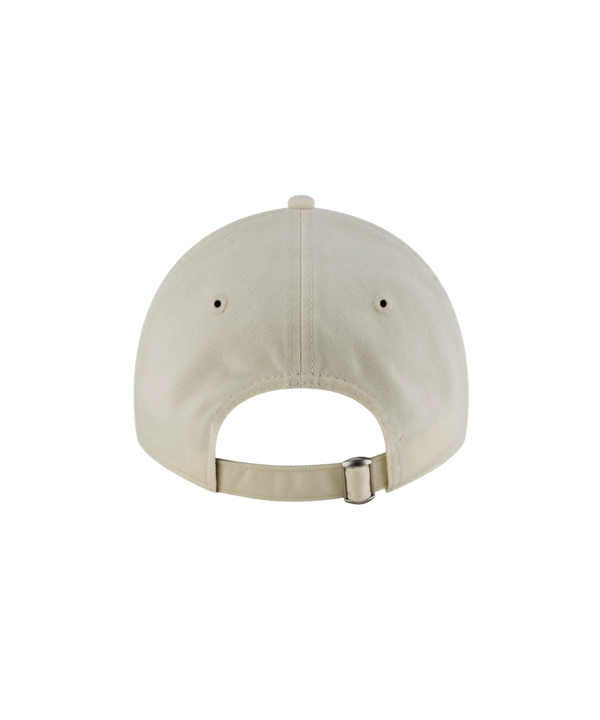 The Court Culture Ball & Flame Ivory Dad Hat by Court Culture features a white embroidered Miami Heat logo on beige cotton, a silver New Era sticker on the brim, and comes in one size that fits most. Easy to spot clean. Displayed against a plain white background.