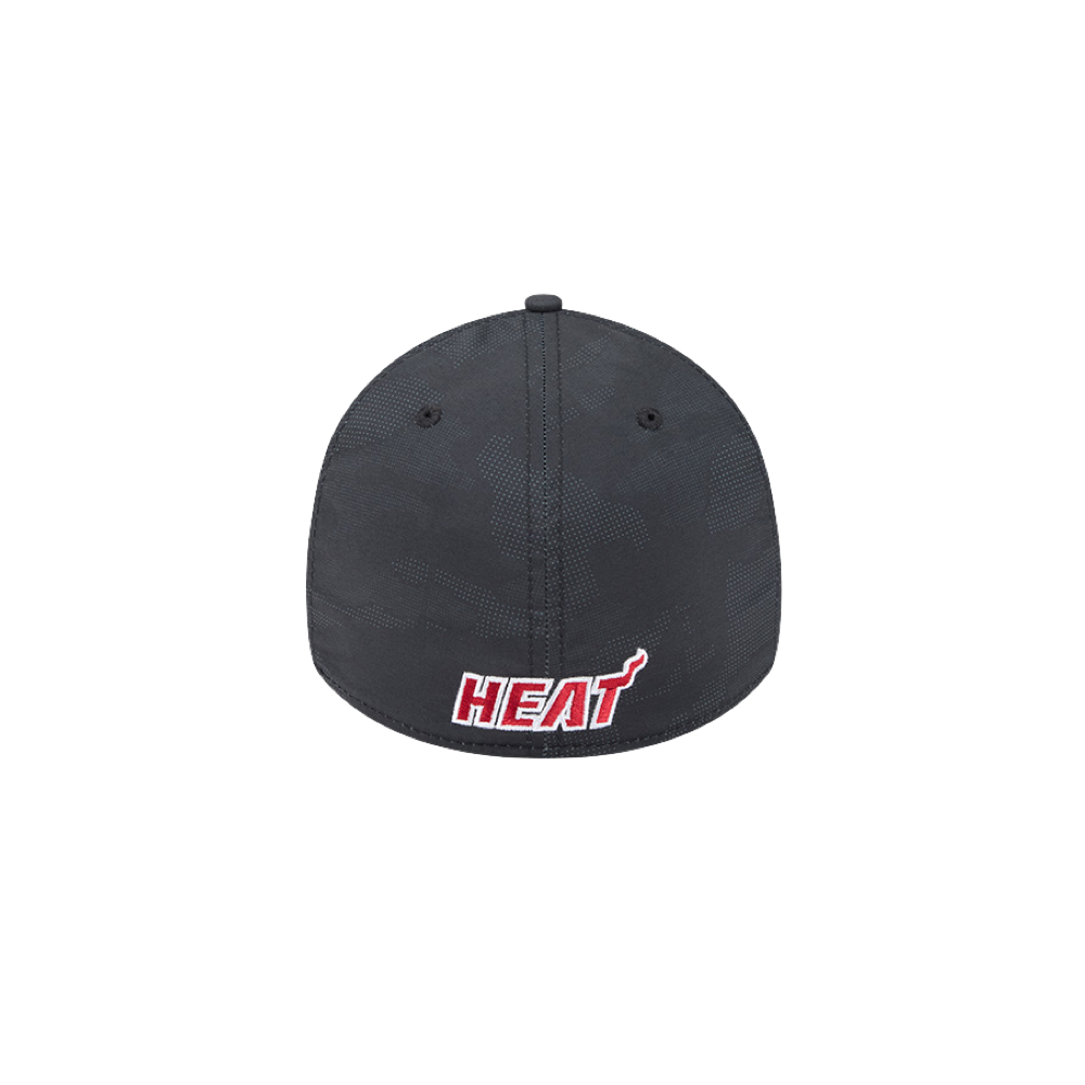 The New Era Miami HEAT Tonal Camo Flex Fit Hat is shown from the back, featuring a red and white embroidered Miami Heat logo. Made by New Era, this cap offers comfort with its polyester spandex blend and is easy to spot clean.