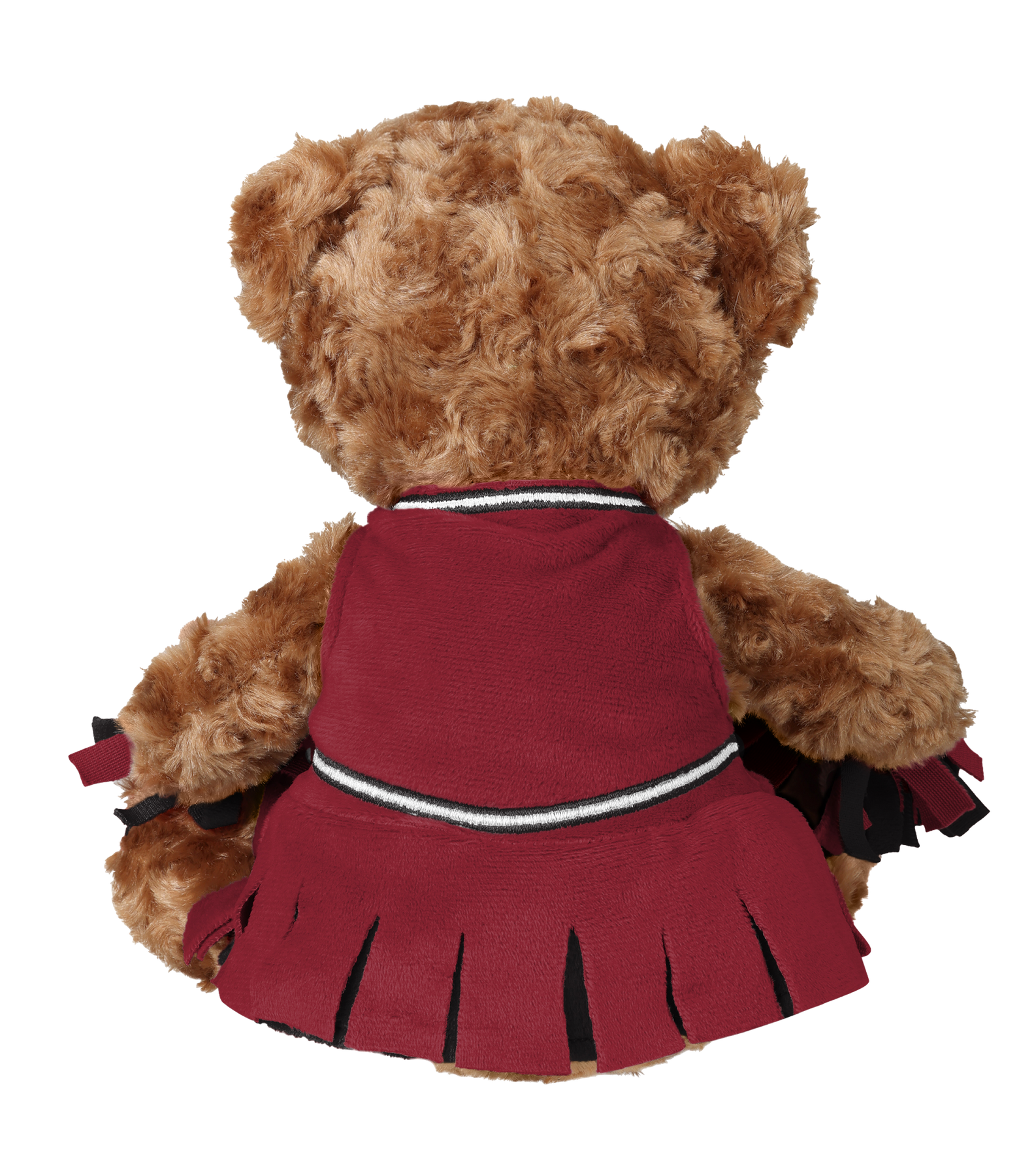 The Miami HEAT Cheerleader Bear Plushie by Forever Collectibles is a 10-inch brown teddy bear in a red and black cheerleading outfit with pleated skirt, made from soft polyester fiber, shown facing away on a white background.