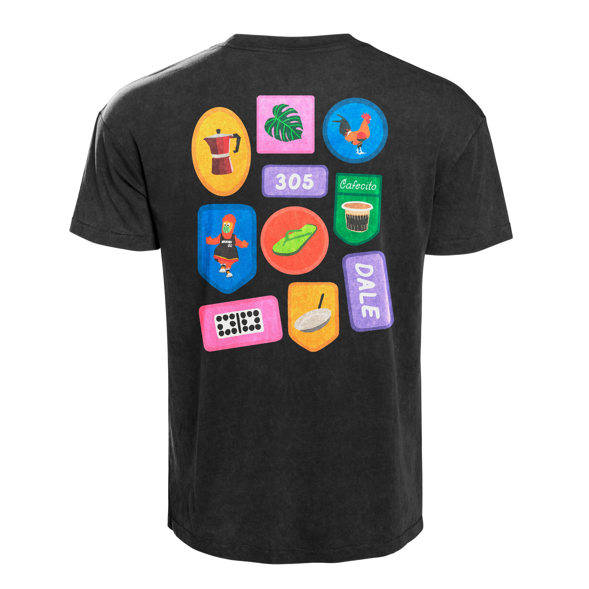 Black unisex tee with colorful Miami-themed patches on back, including Miami HEAT, 305, and tropical icons. - Court Culture Miami Starter Pack Unisex Tee