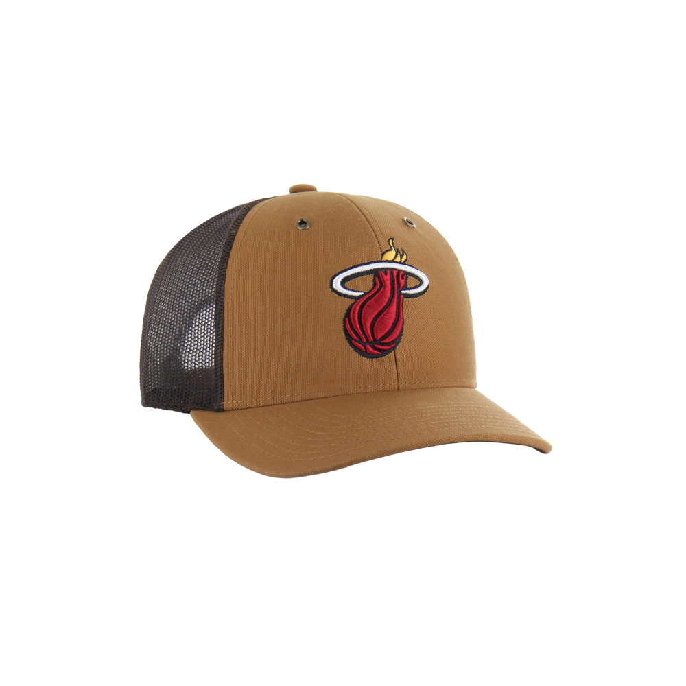 The '47 Brand Carhartt Miami HEAT Trucker Snapback features a cotton front with the Miami HEAT logo and flaming basketball, a brown and black polyester mesh back, and an adjustable fit. One size fits most.