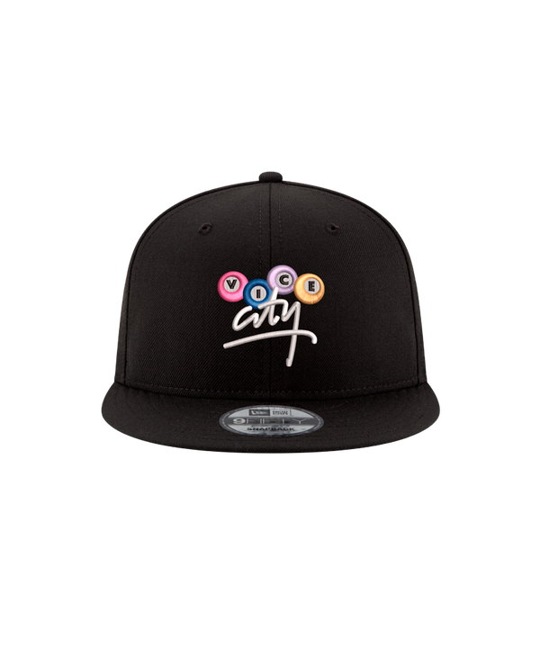 The Court Culture x New Era Vice City Billiards Snapback is a black polyester hat with VICE CITY embroidered on the front. One size fits most; spot clean only.