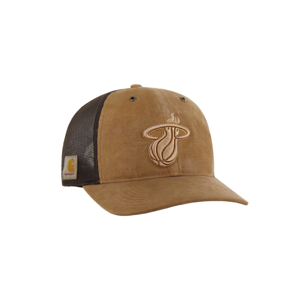The '47 Brand Carhartt Miami HEAT Snapback features a brown and black cotton design, an embroidered Miami Heat logo front, Carhartt patch on the side, black mesh back for breathability, and an adjustable one size fits most fit.