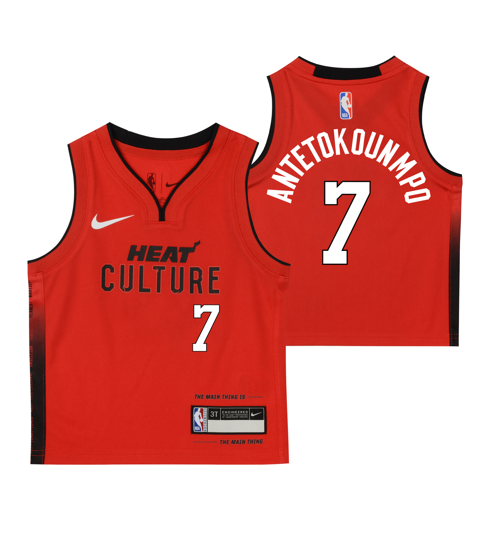 Introducing the Giannis Antetokounmpo Nike HEAT Culture: Blood Red Toddler Replica Jersey—a bold Miami Heat basketball jersey featuring “HEAT CULTURE” and number 7 on the front, “ANTETOKOUNMPO” and number 7 on the back, complete with official Nike and NBA logos. Inspired by Pat Riley’s legendary vision, it’s a true tribute to HEAT Culture from Nike.