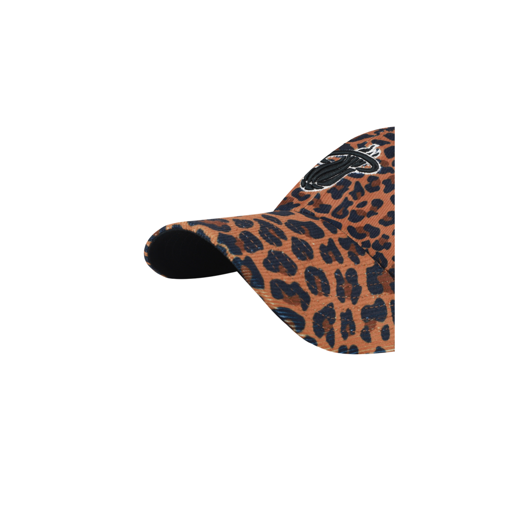 Introducing the ’47 Brand Miami HEAT Leopard Corduroy Women’s Cleanup Hat, a stylish brown cap featuring a black leopard print pattern and a partially visible black and white embroidered logo on the front. Made from durable polyester corduroy, this one-size-fits-most hat from ’47 Brand offers comfortable everyday wear and is displayed against a plain white background.
