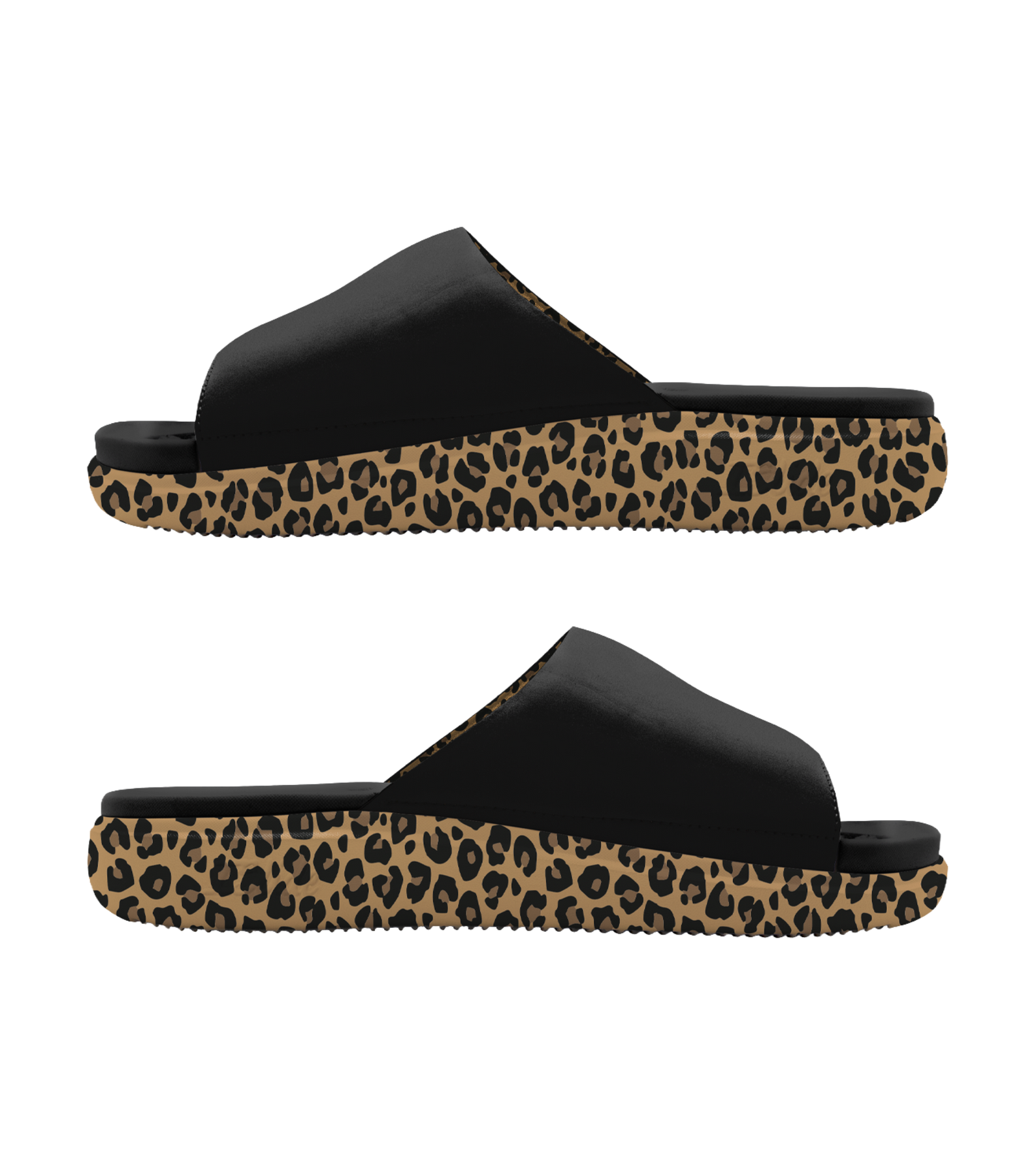 The ISlide Miami HEAT Cheetah Dip Sandals by ISlide are black slide sandals with open toes, leopard print soles, and a massaging footbed, displayed in a side view on a white background.