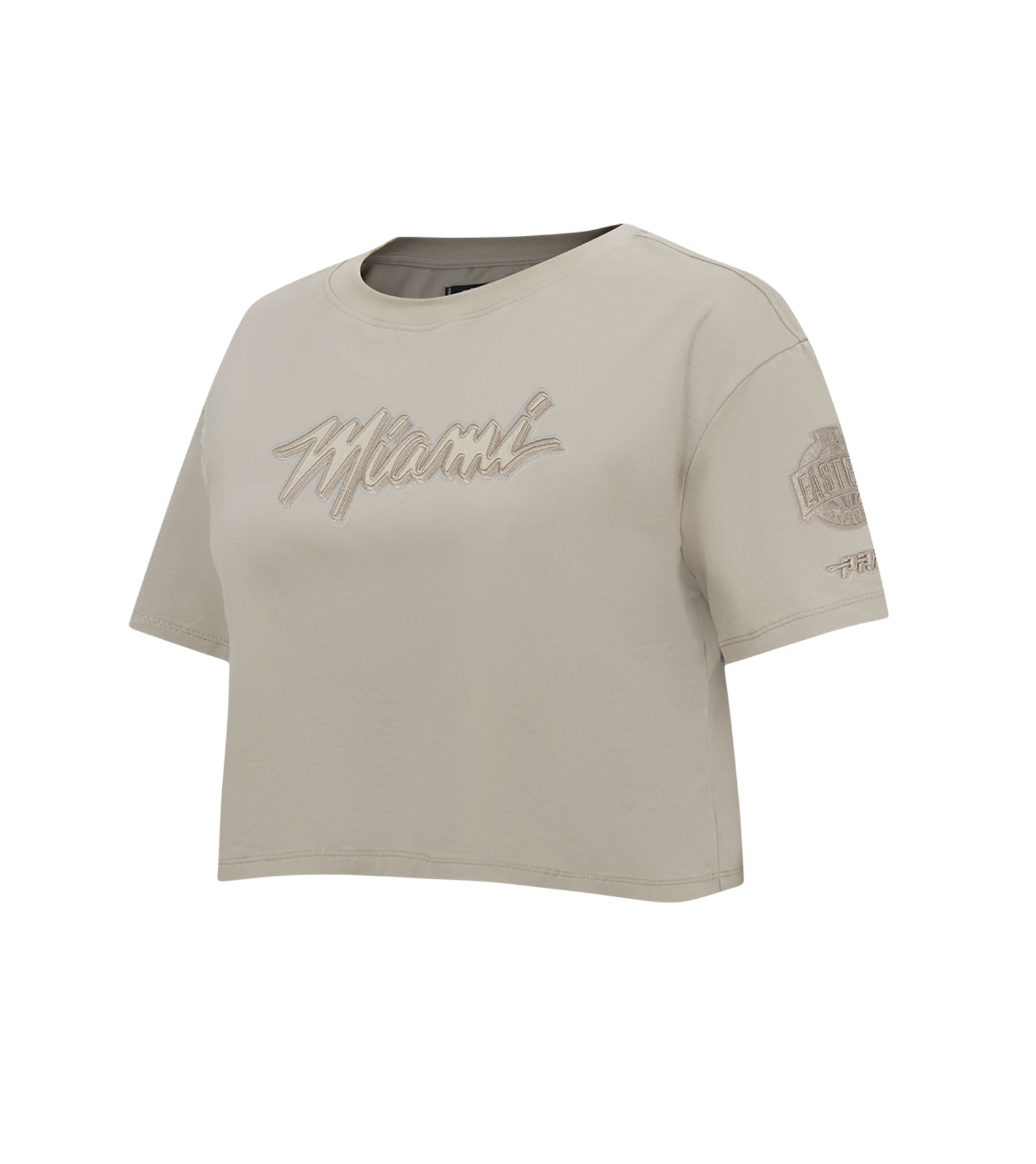 The Pro Standard Miami HEAT Original Vice Nights Beige Women's Boxy Tee is a light beige, boxy cotton-spandex t-shirt with 